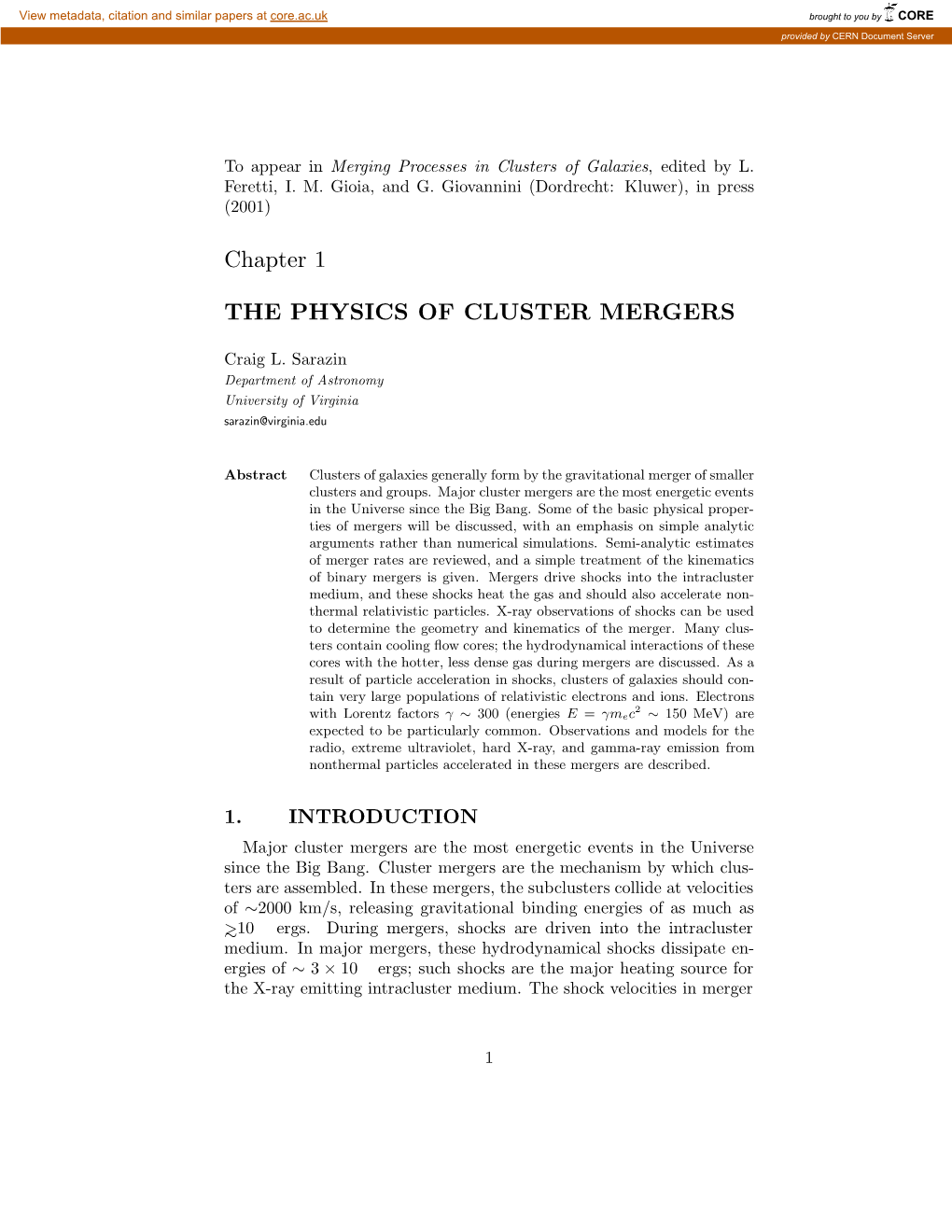 Chapter 1 the PHYSICS of CLUSTER MERGERS