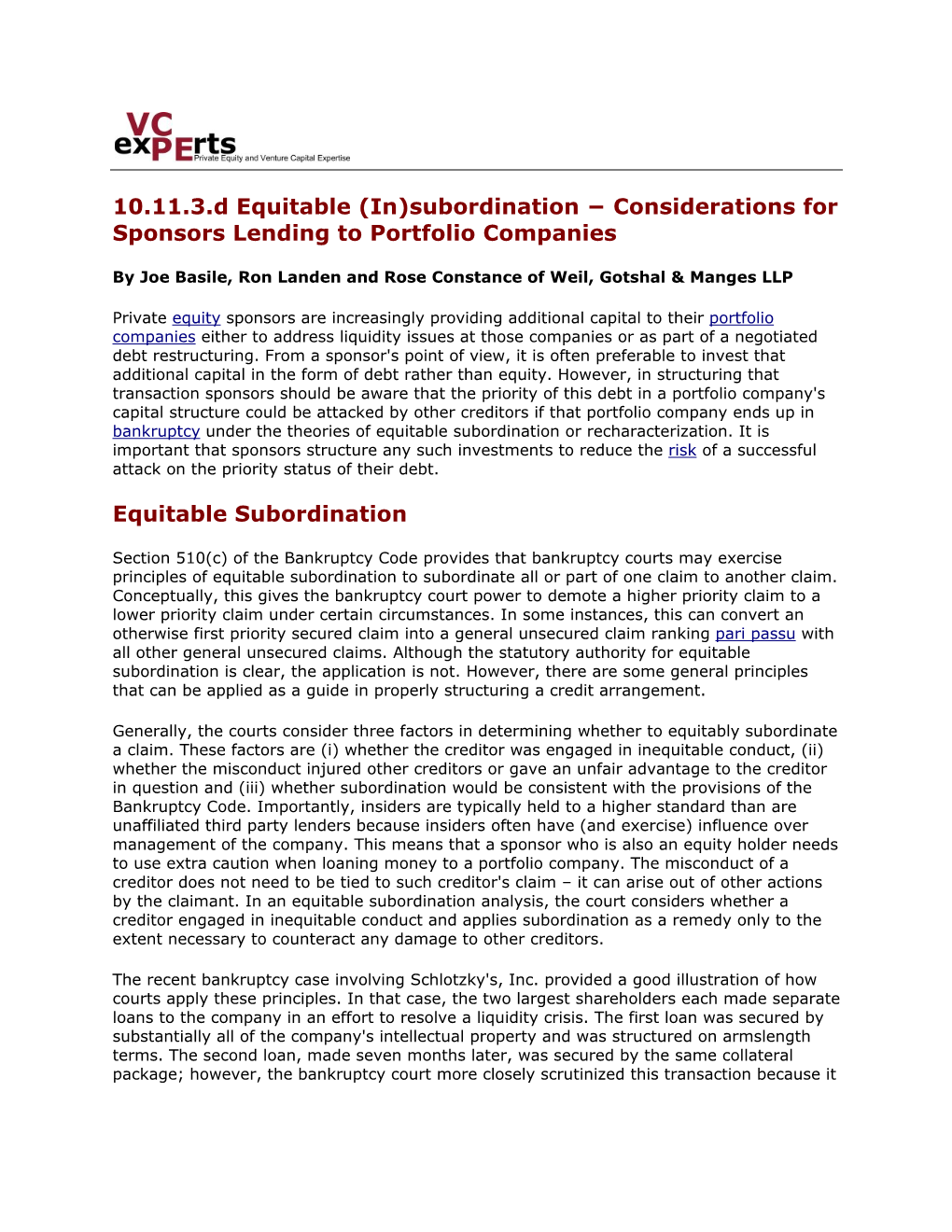 10.11.3.D Equitable (In)Subordination − Considerations for Sponsors Lending to Portfolio Companies