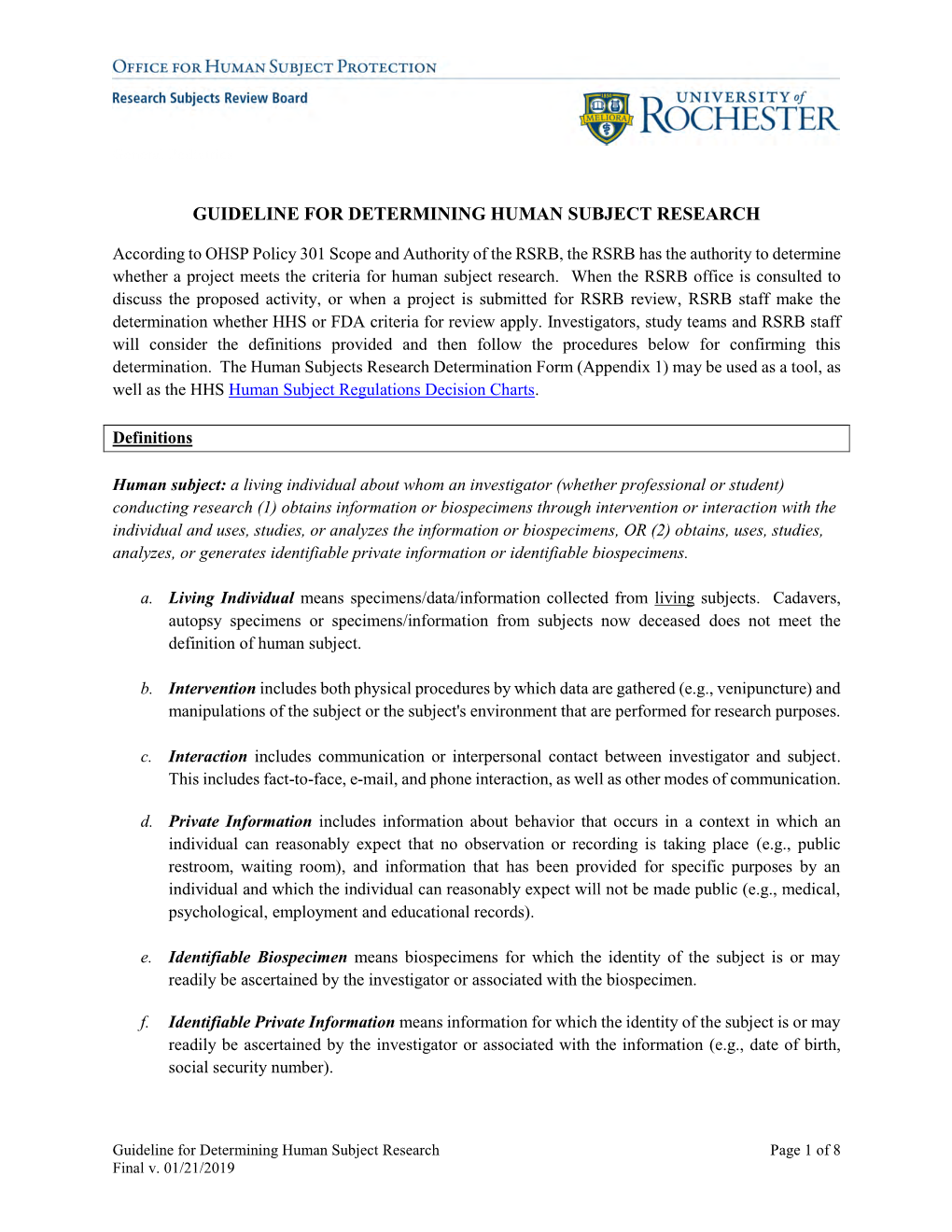 Guideline for Determining Human Subject Research