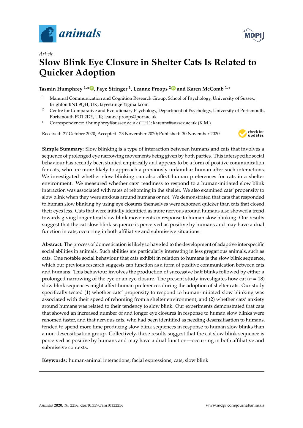 Slow Blink Eye Closure in Shelter Cats Is Related to Quicker Adoption