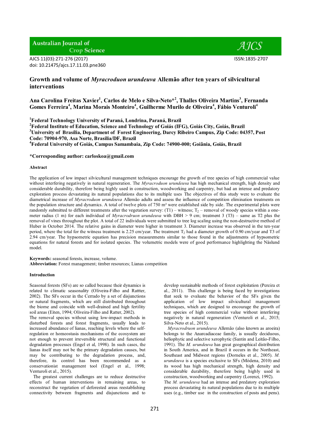 Growth and Volume of Myracroduon Urundeuva Allemão After Ten Years of Silvicultural Interventions