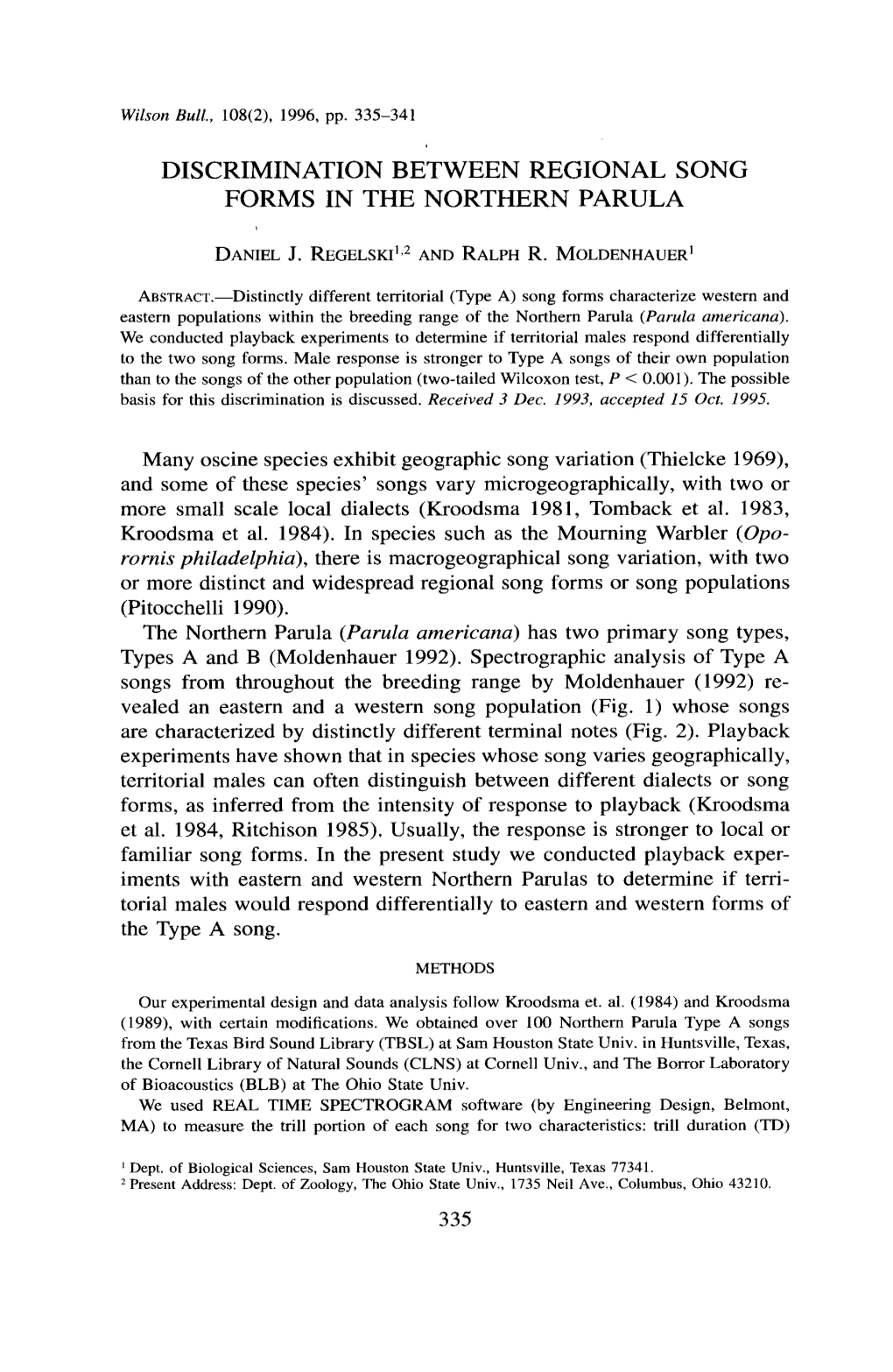 Discrimination Between Regional Song Forms in the Northern Parula