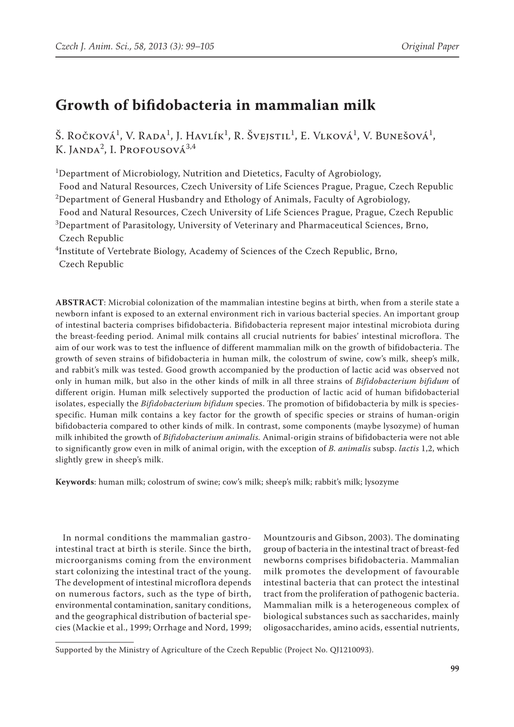 Growth of Bifidobacteria in Mammalian Milk