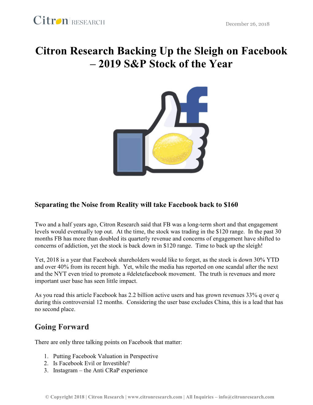 Citron Research Backing up the Sleigh on Facebook – 2019 S&P