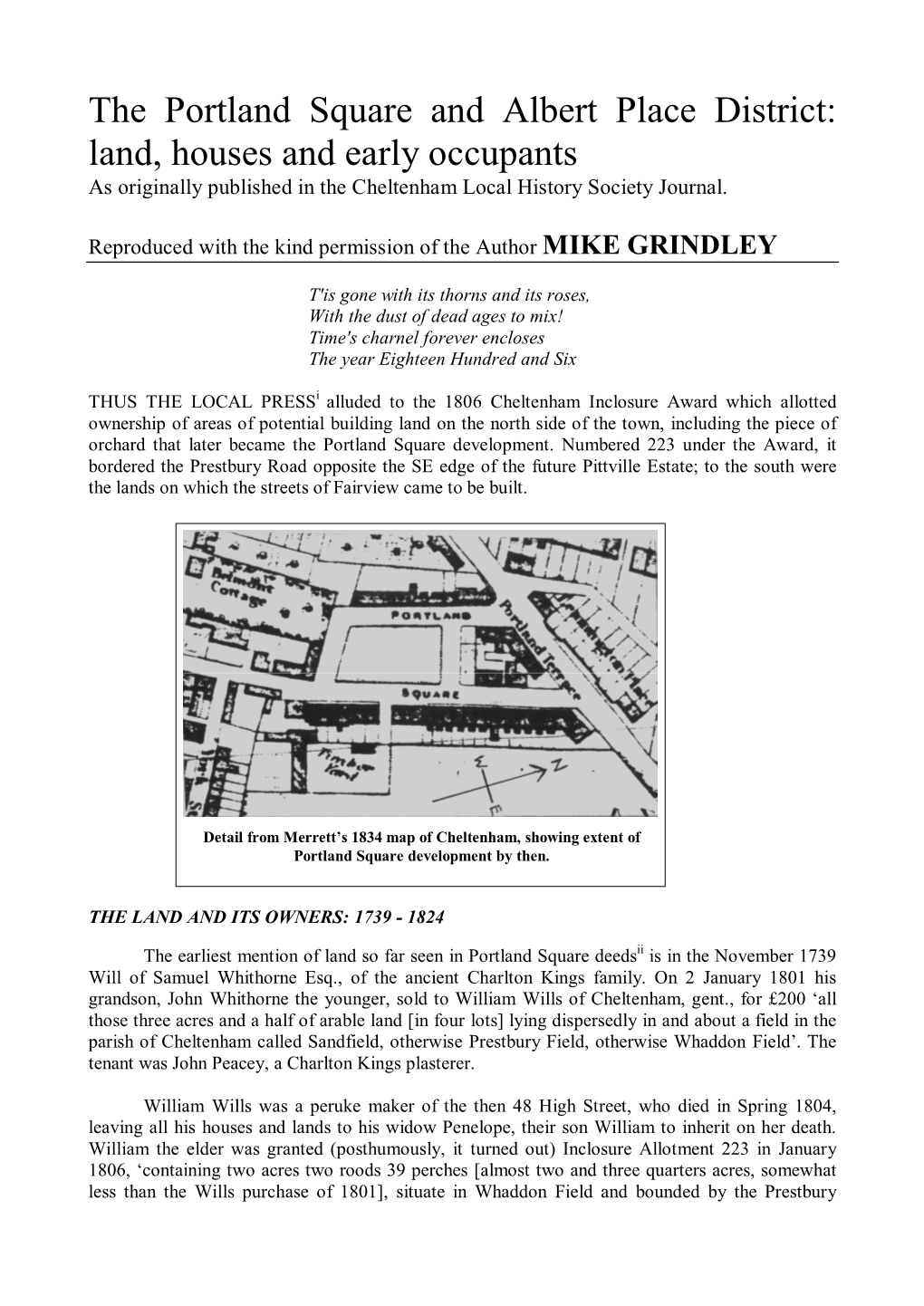 The Portland Square and Albert Place District: Land, Houses and Early Occupants As Originally Published in the Cheltenham Local History Society Journal