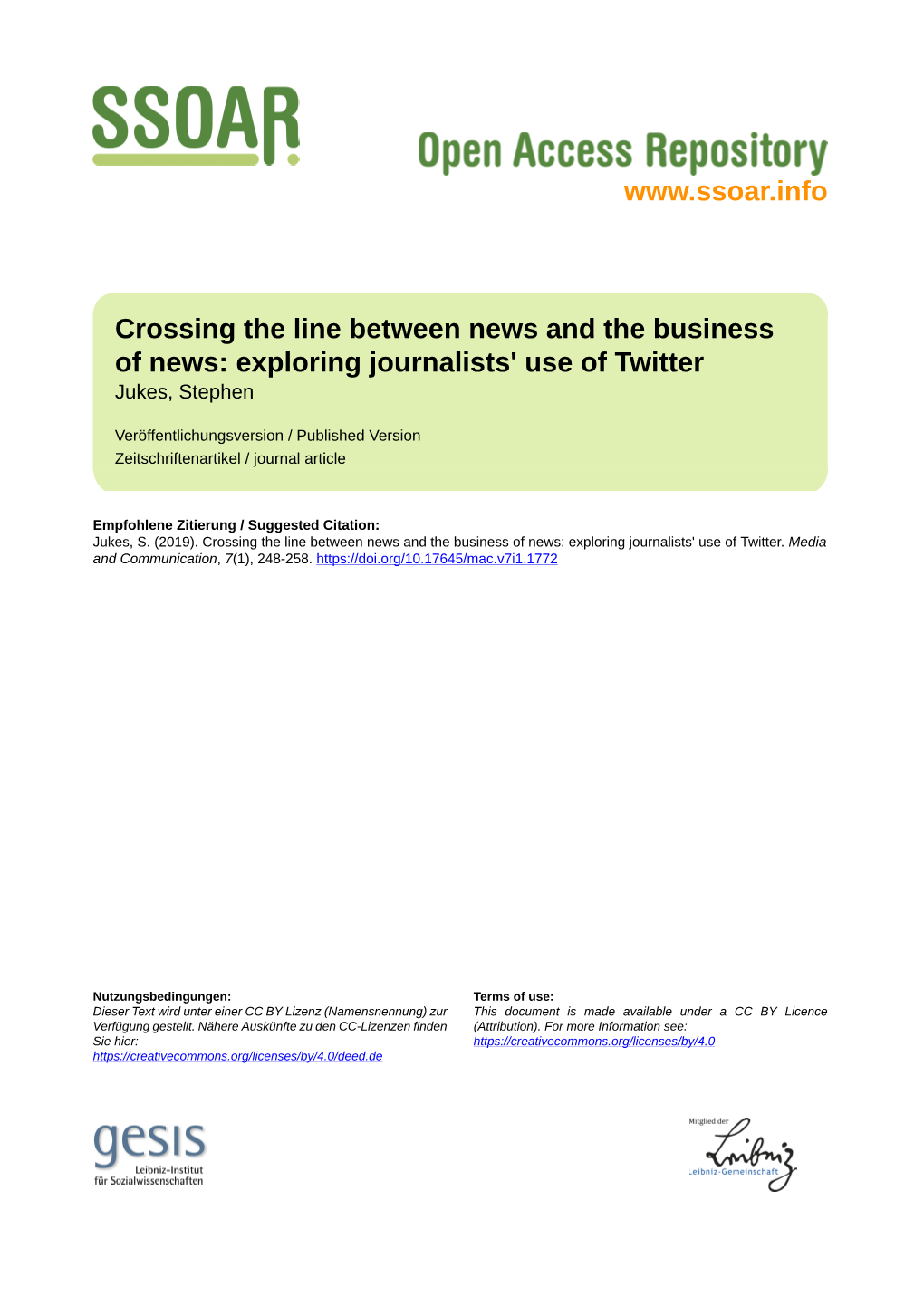 Crossing the Line Between News and the Business of News: Exploring Journalists' Use of Twitter Jukes, Stephen