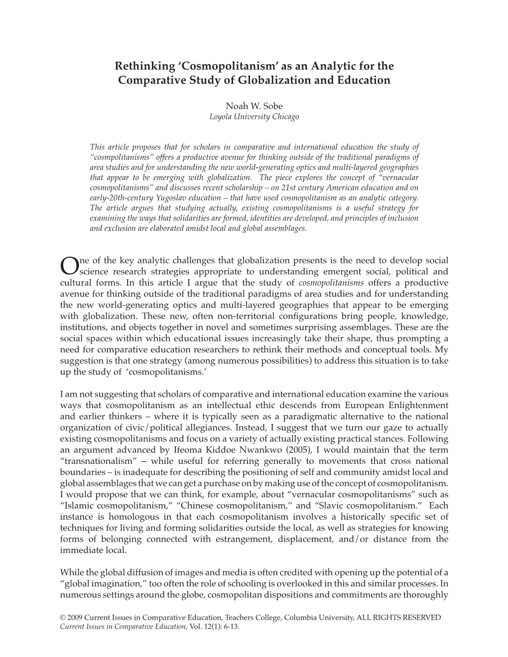 Cosmopolitanism’ As an Analytic for the Comparative Study of Globalization and Education