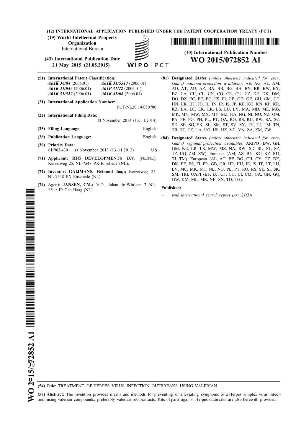 WO 2015/072852 Al 21 May 2015 (21.05.2015) P O P C T