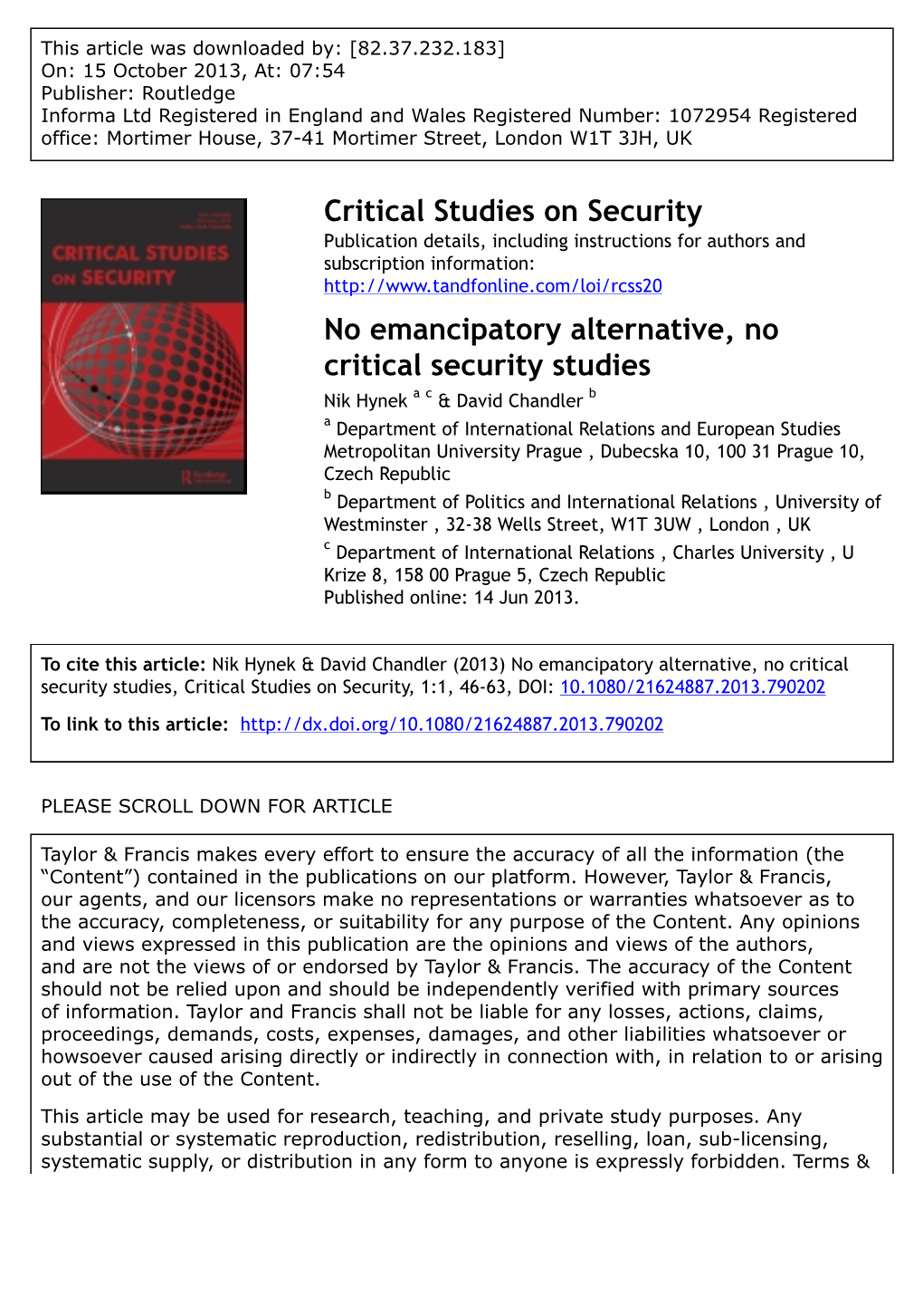Critical Studies on Security No Emancipatory Alternative, No Critical