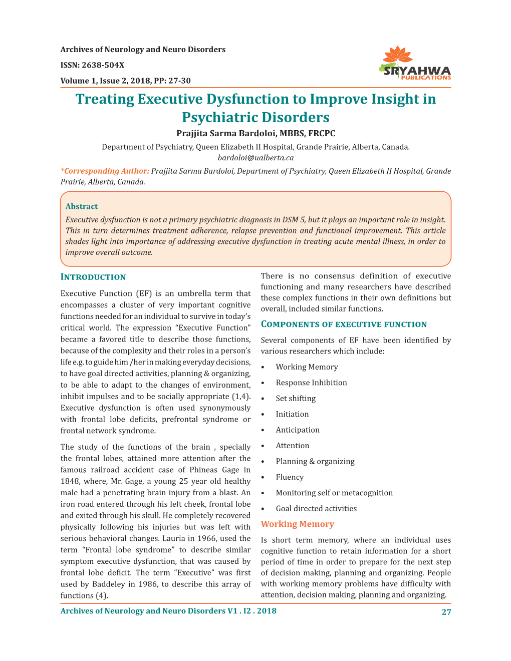 Treating Executive Dysfunction to Improve Insight in Psychiatric
