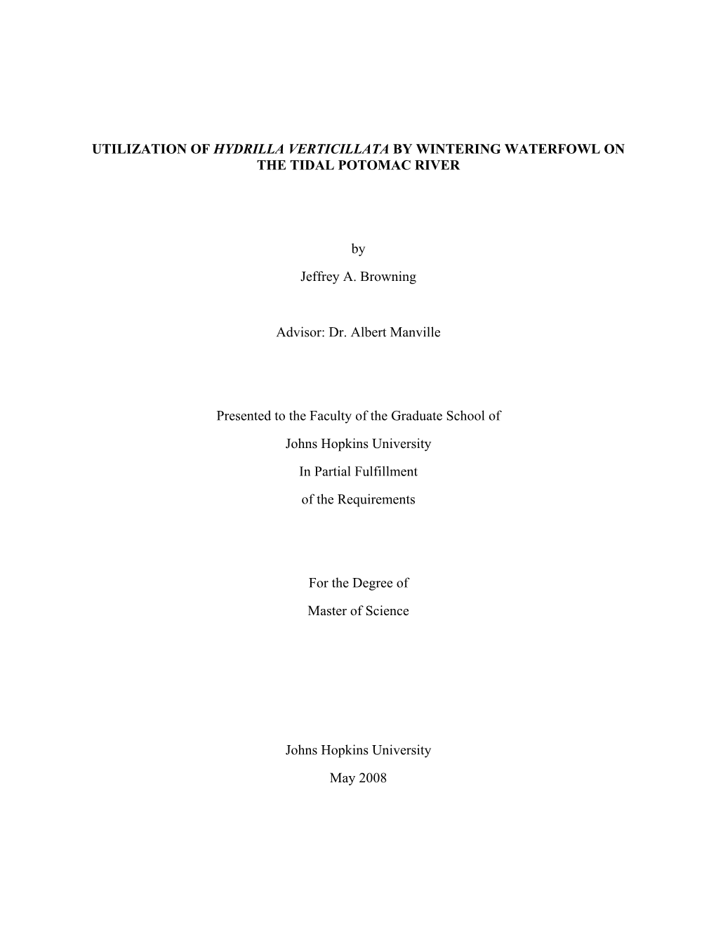 Utilization of Hydrilla Verticillata by Wintering Waterfowl on the Tidal Potomac River