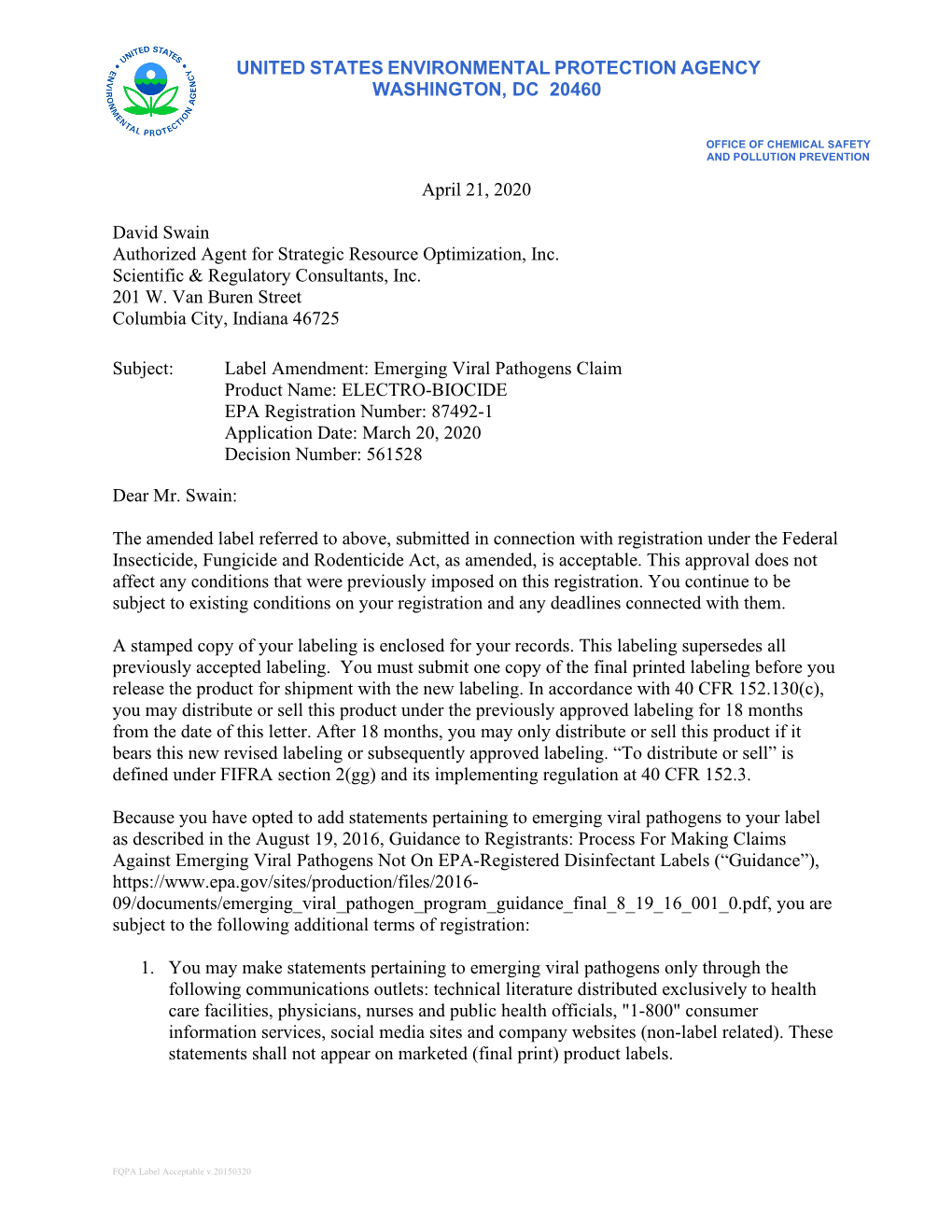 US EPA, Pesticide Product Label, ELECTRO-BIOCIDE,04/21/2020