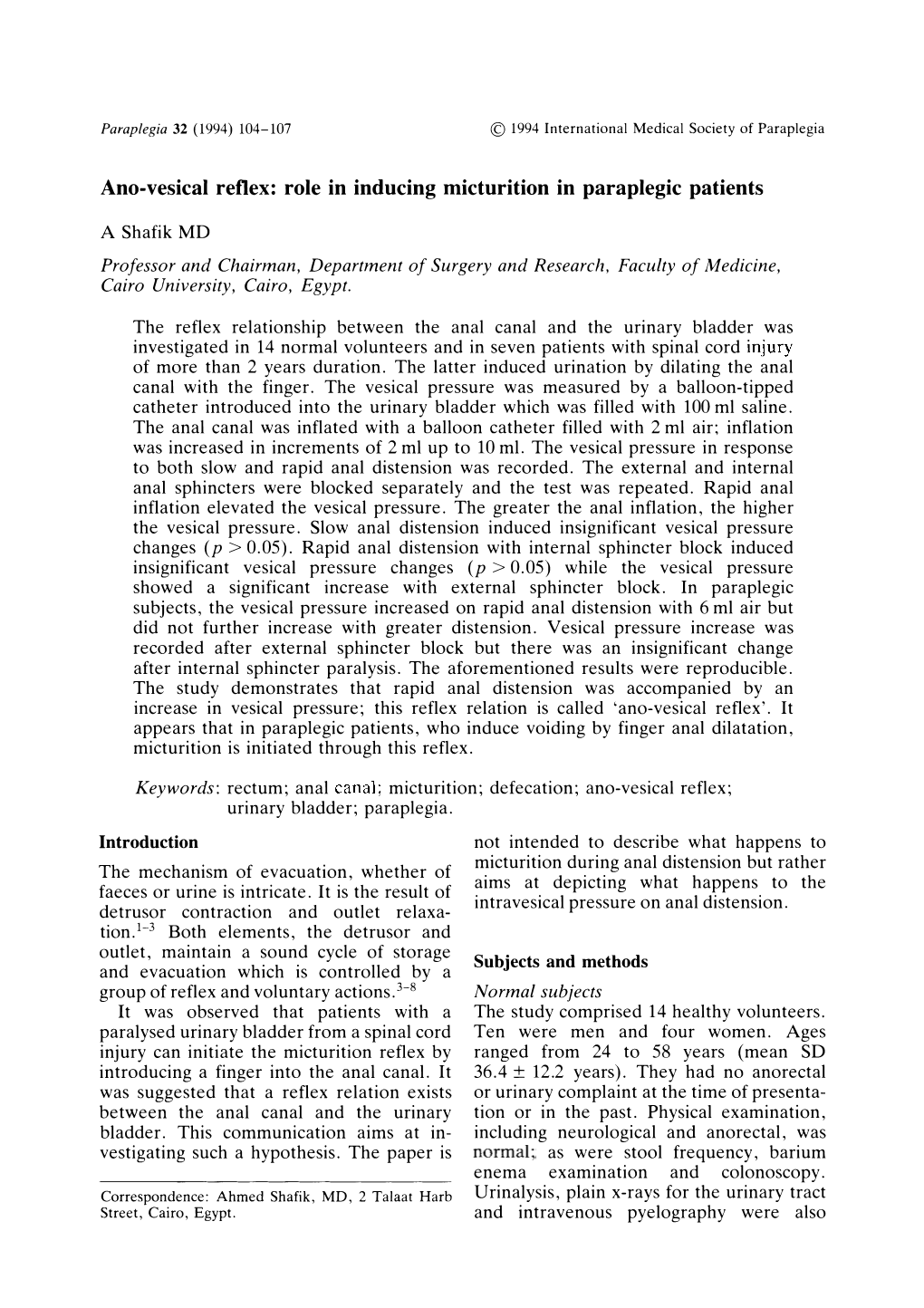 Ano-Vesical Reflex: Role in Inducing Micturition in Paraplegic Patients