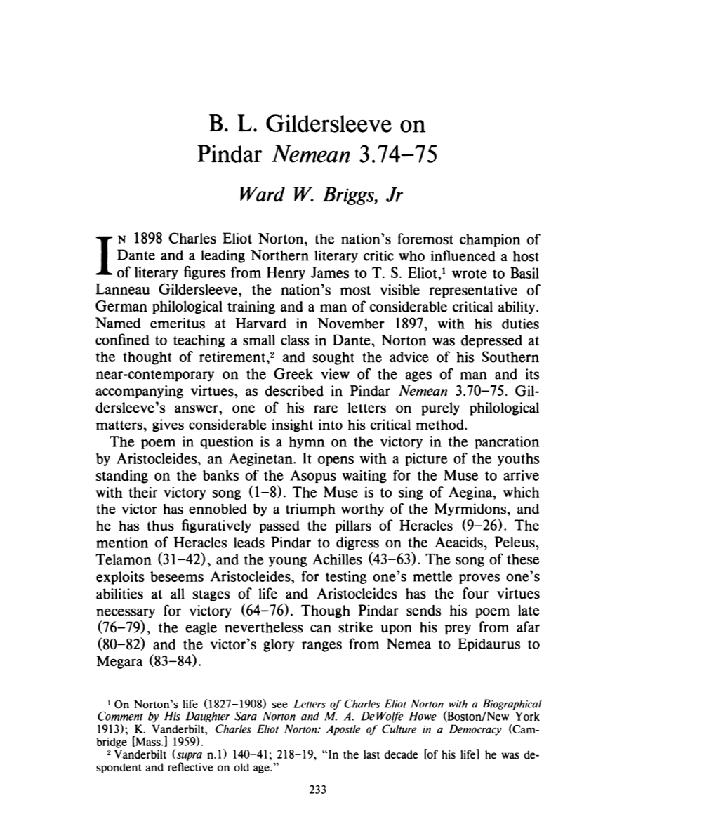 B. L. Gildersleeve on Pindar Nemean 3.74-75