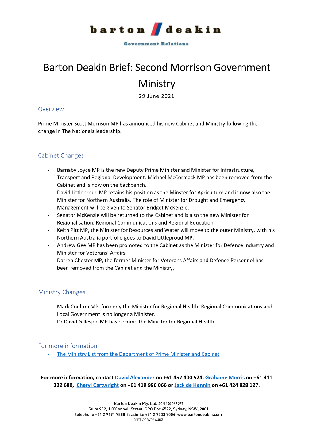 Second Morrison Government Ministry 29 June 2021 Overview