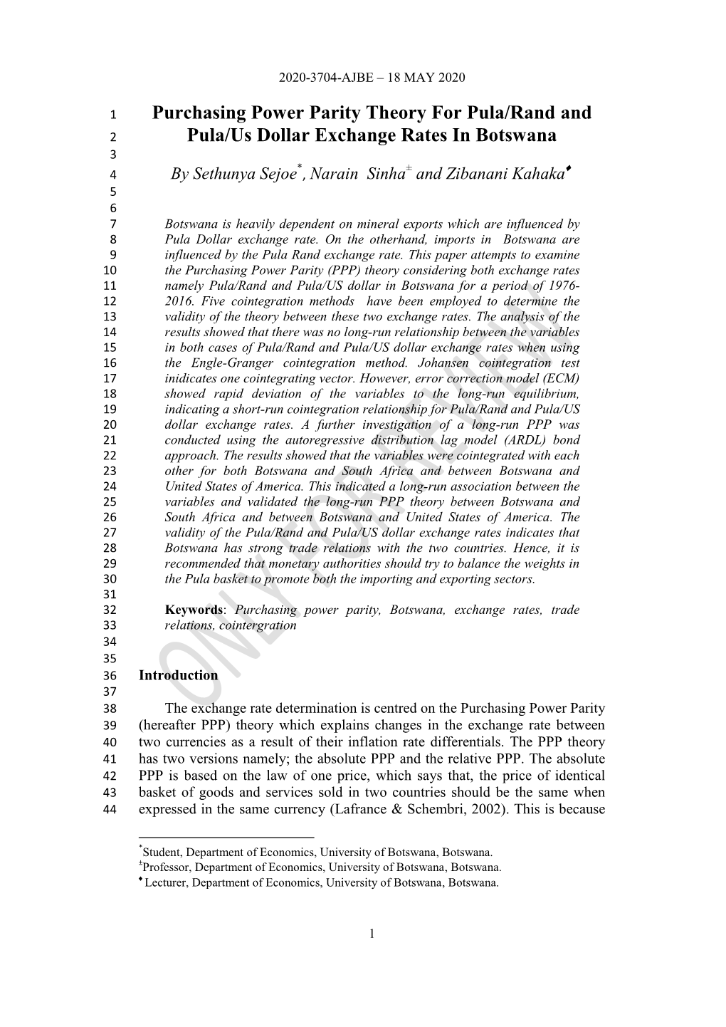 Purchasing Power Parity Theory for Pula/Rand and Pula/Us Dollar