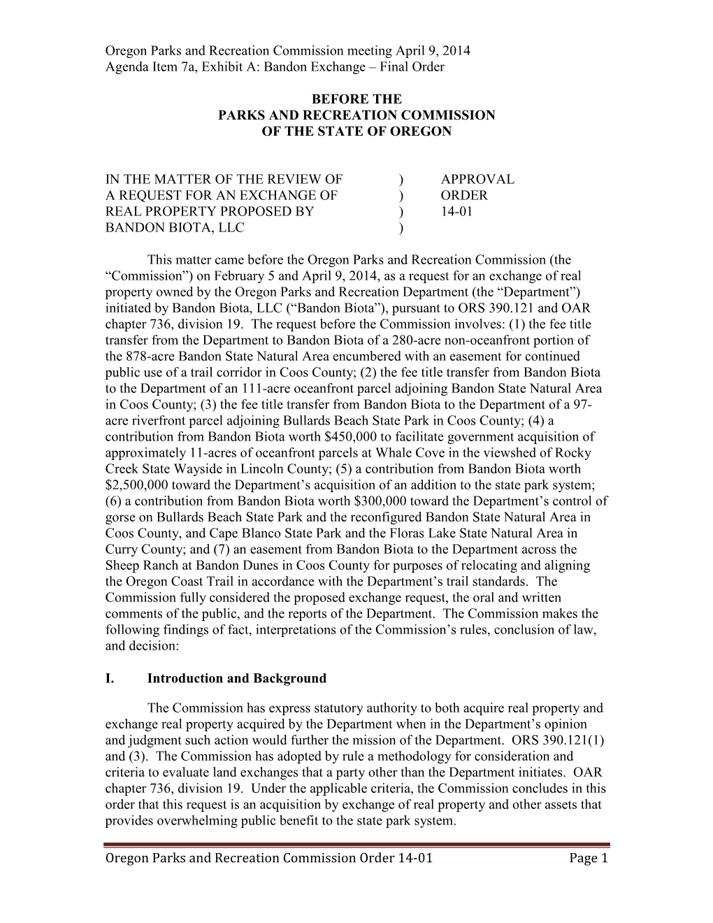 Oregon Parks and Recreation Commission Meeting April 9, 2014 Agenda Item 7A, Exhibit A: Bandon Exchange – Final Order