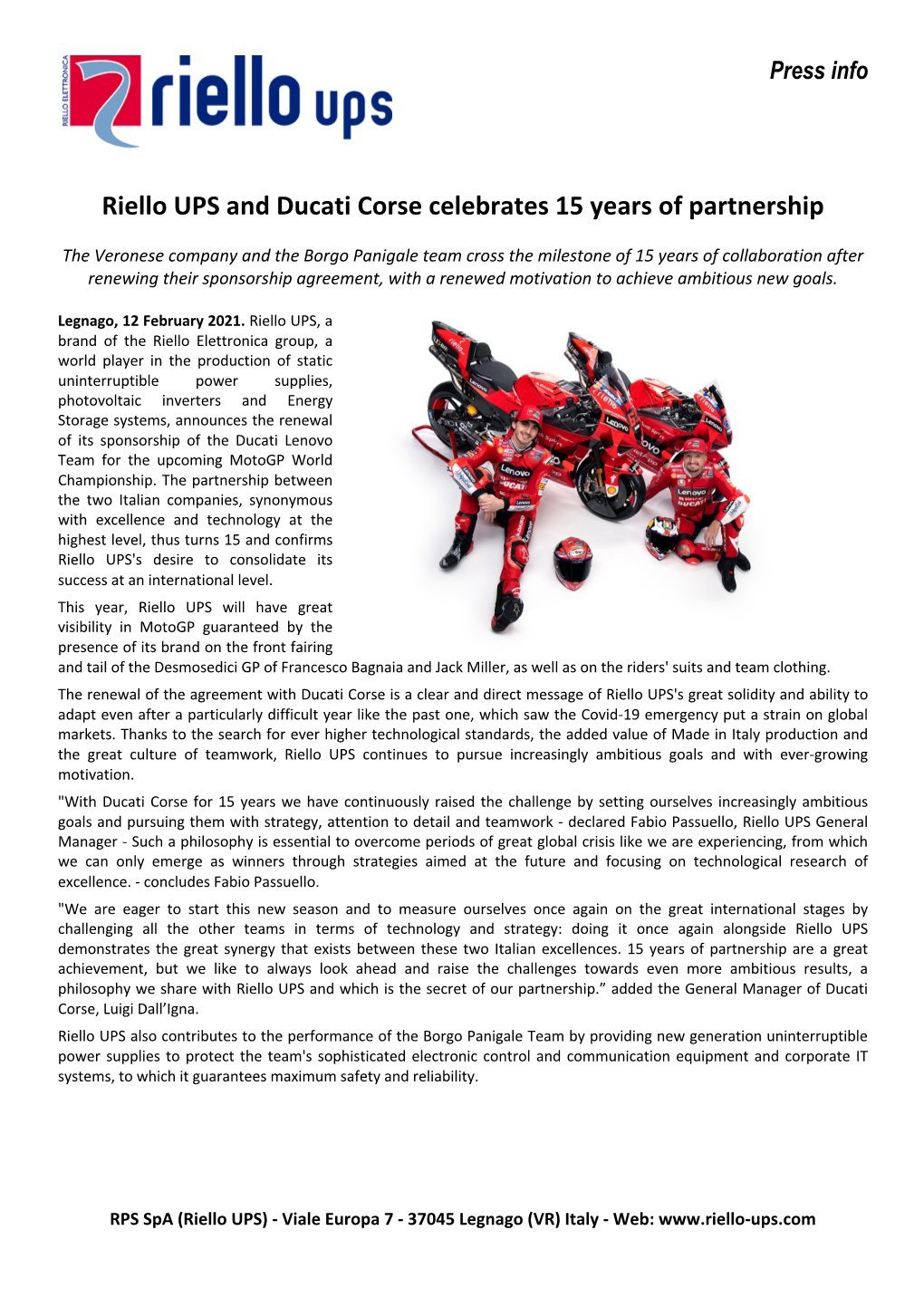 Riello UPS and Ducati Corse Celebrates 15 Years of Partnership