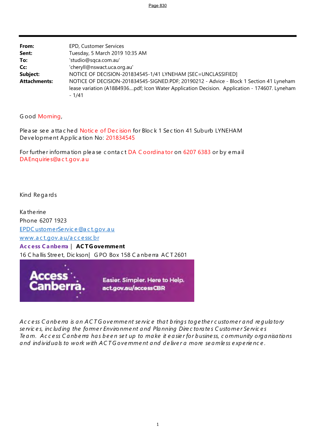 Good Morning, Please See Attached Notice of Decision for Block 1 Section 41 Suburb