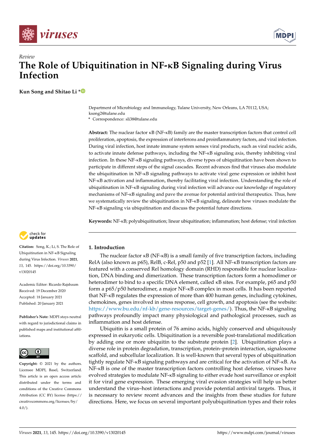 The Role of Ubiquitination in NF-Κb Signaling During Virus Infection