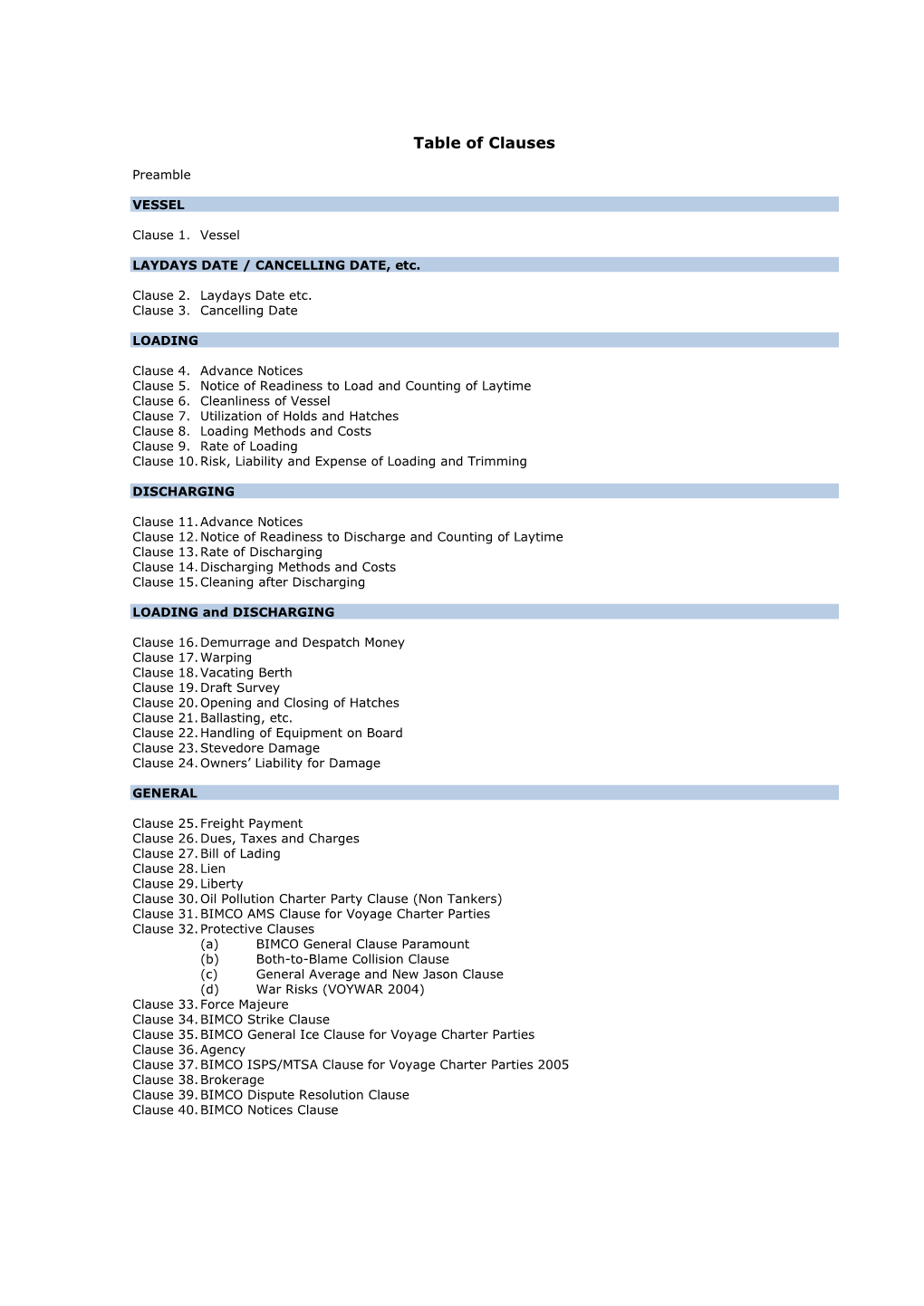 Table of Clauses