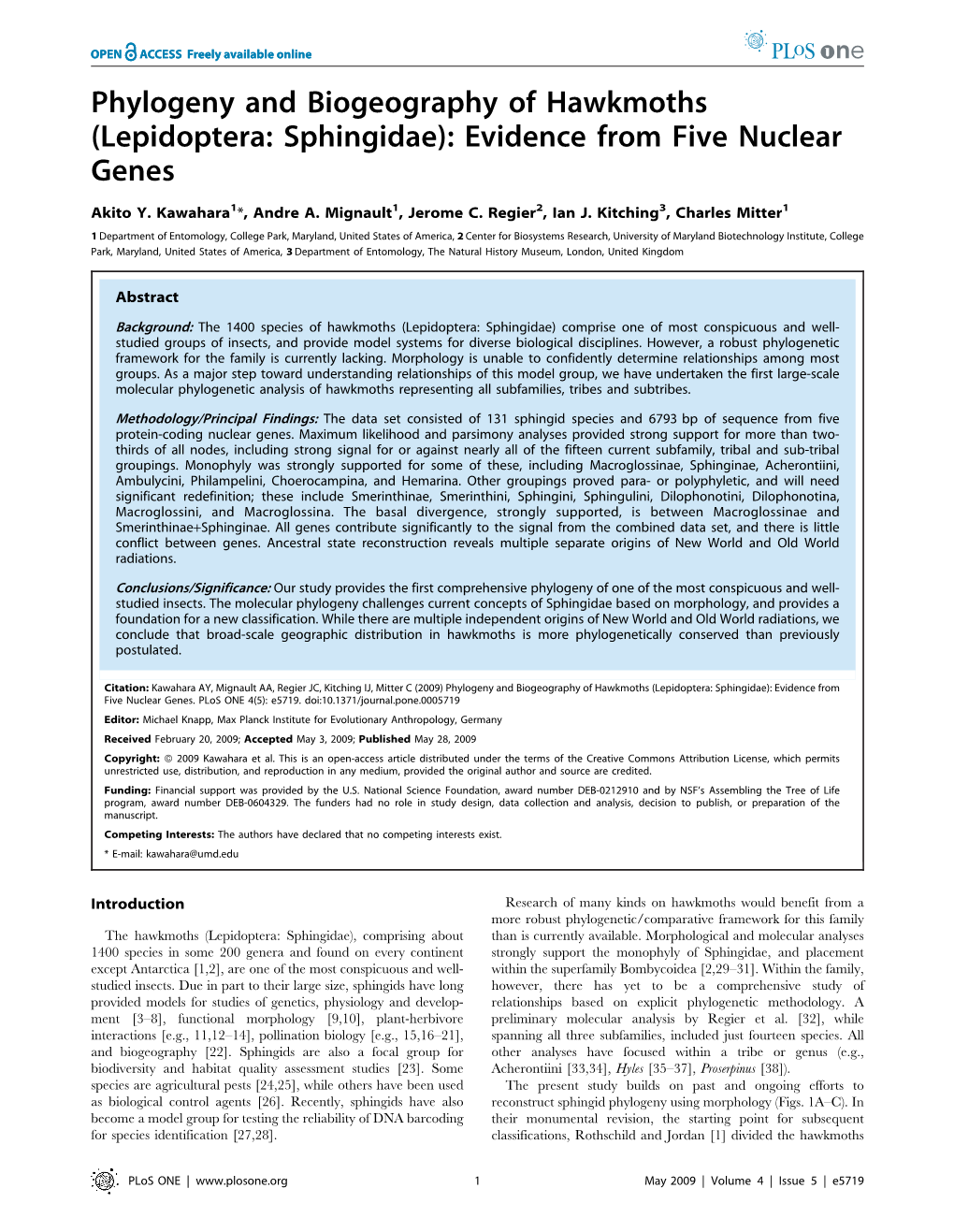 Phylogeny and Biogeography of Hawkmoths (Lepidoptera: Sphingidae): Evidence from Five Nuclear Genes