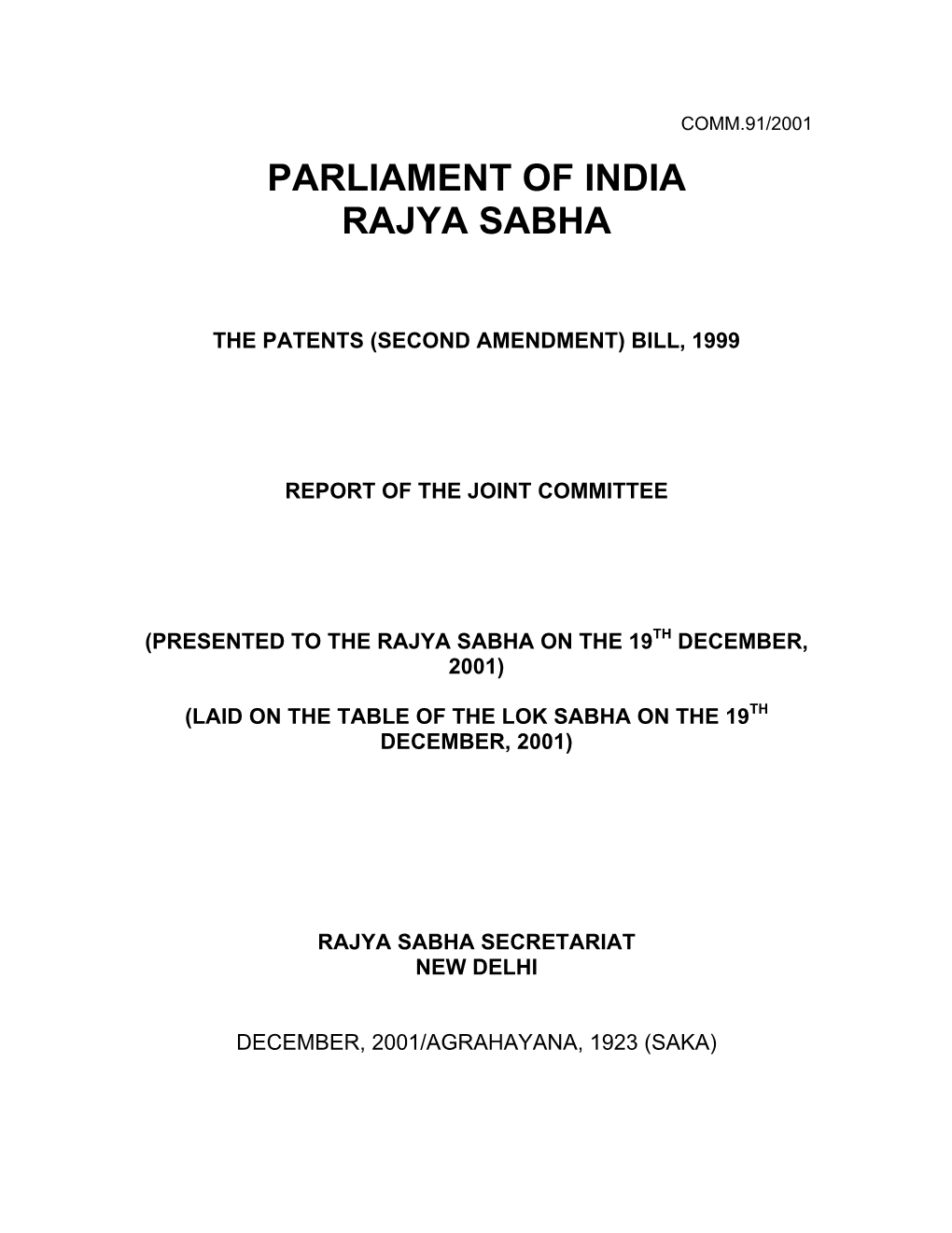 Joint Parliamentary Committee Report on the Patents (Second Amendment)