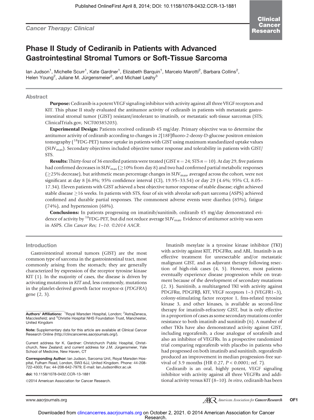 Phase II Study of Cediranib in Patients with Advanced Gastrointestinal Stromal Tumors Or Soft-Tissue Sarcoma