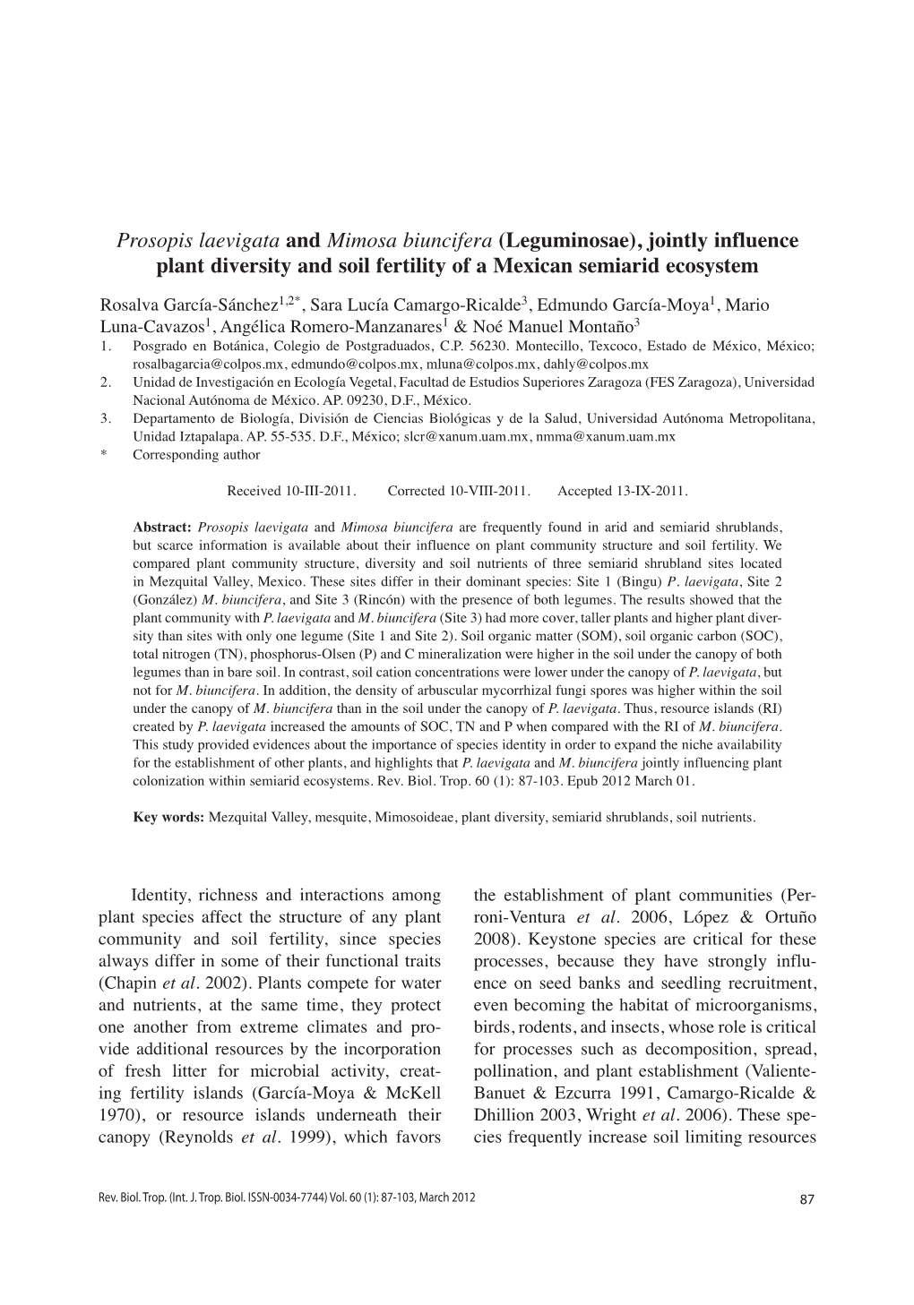 Prosopis Laevigata and Mimosa Biuncifera (Leguminosae), Jointly Influence Plant Diversity and Soil Fertility of a Mexican Semiarid Ecosystem