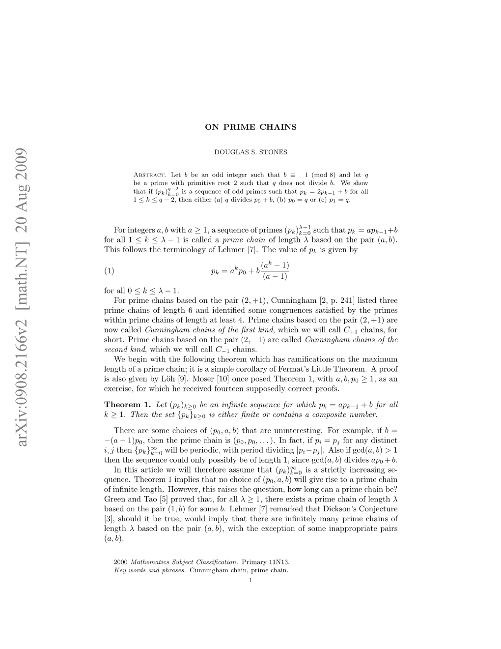 ON PRIME CHAINS 3 Can Be Found in Many Elementary Number Theory Texts, for Example [8]