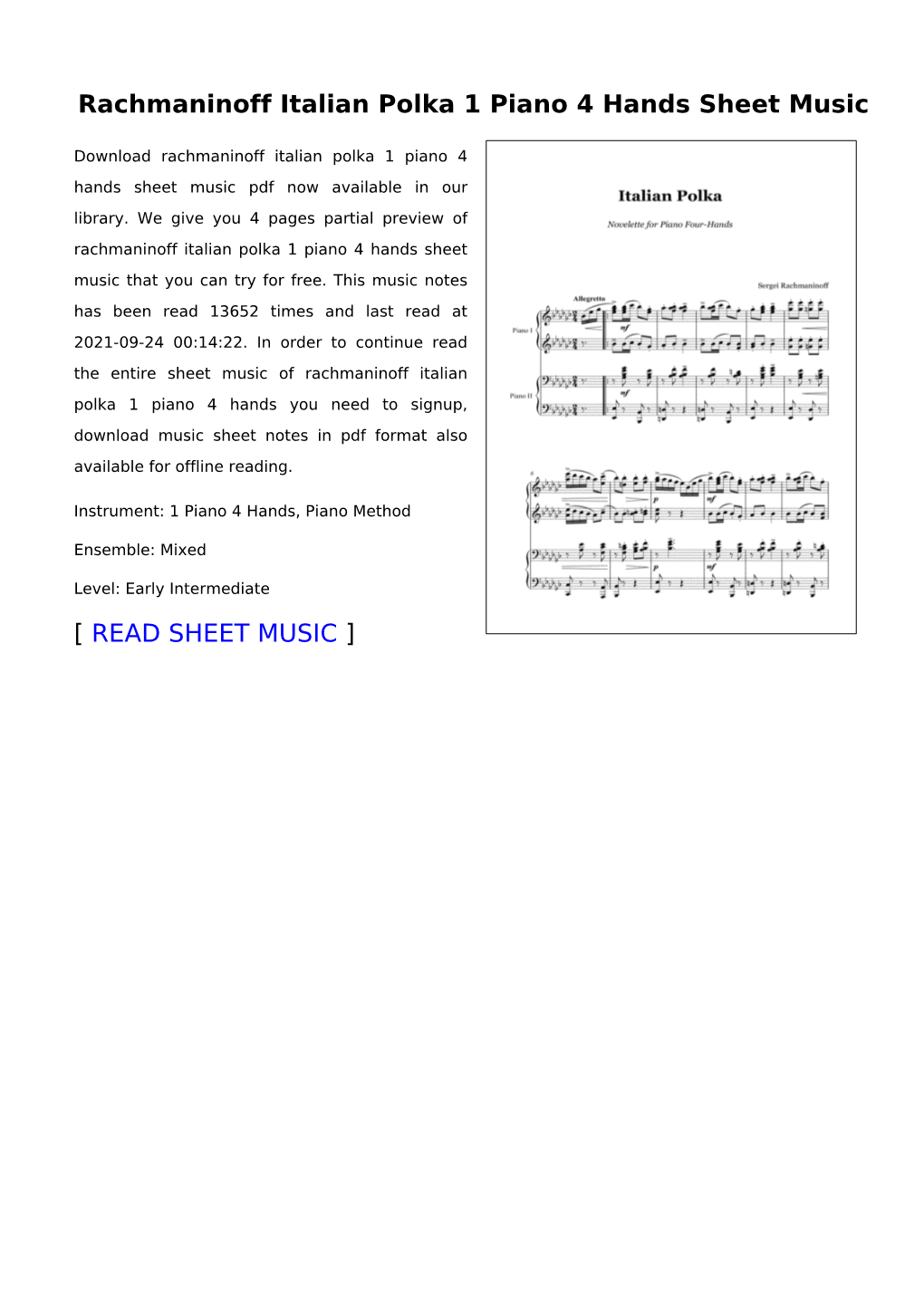 Rachmaninoff Italian Polka 1 Piano 4 Hands Sheet Music