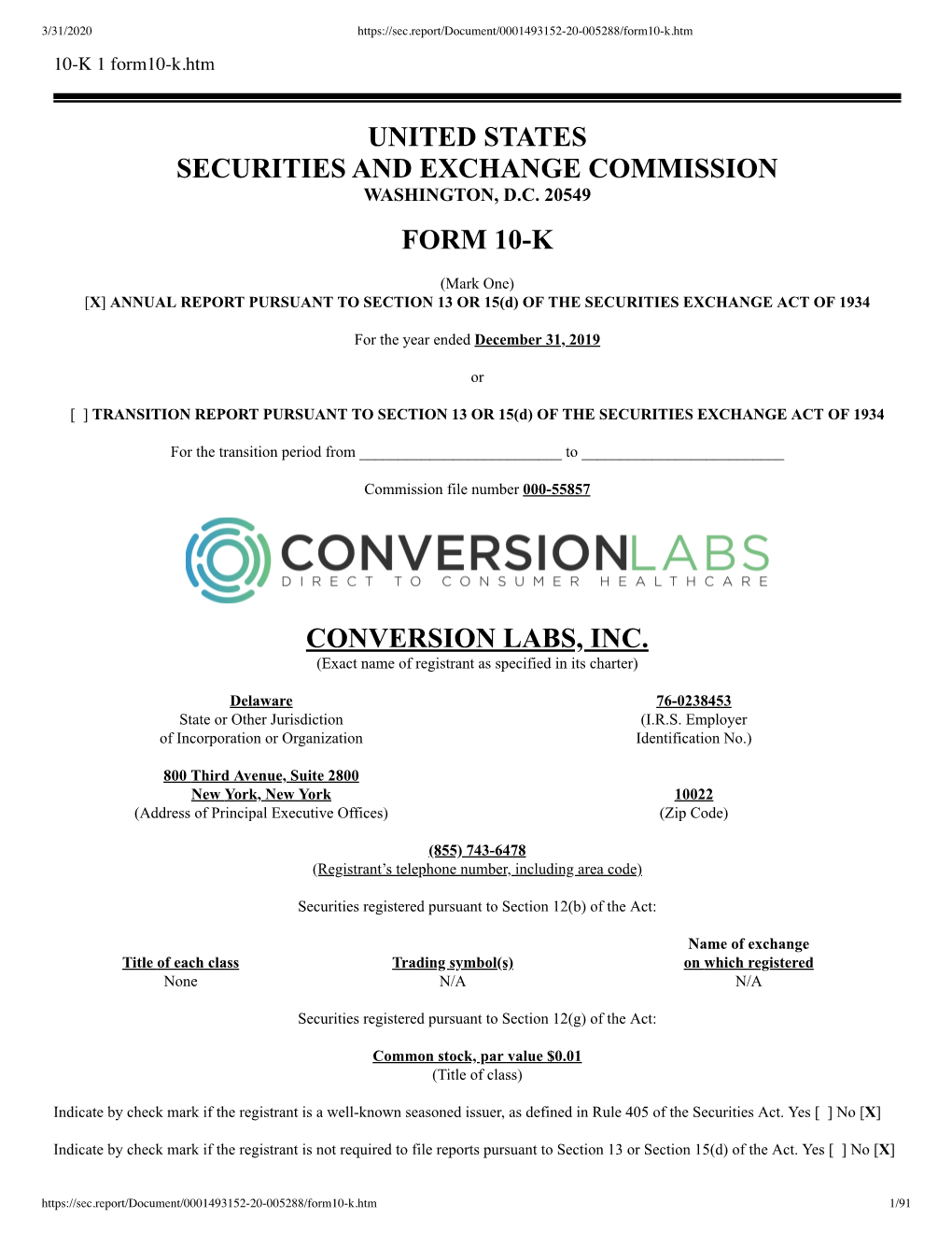United States Securities and Exchange Commission Form 10-K Conversion Labs, Inc