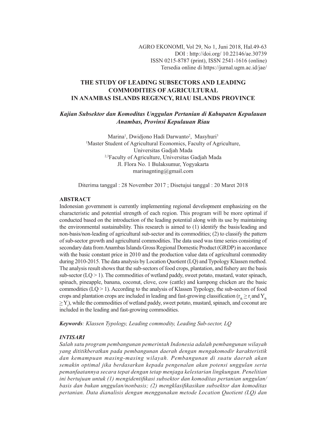 The Study of Leading Subsectors and Leading Commodities of Agricultural in Anambas Islands Regency, Riau Islands Province