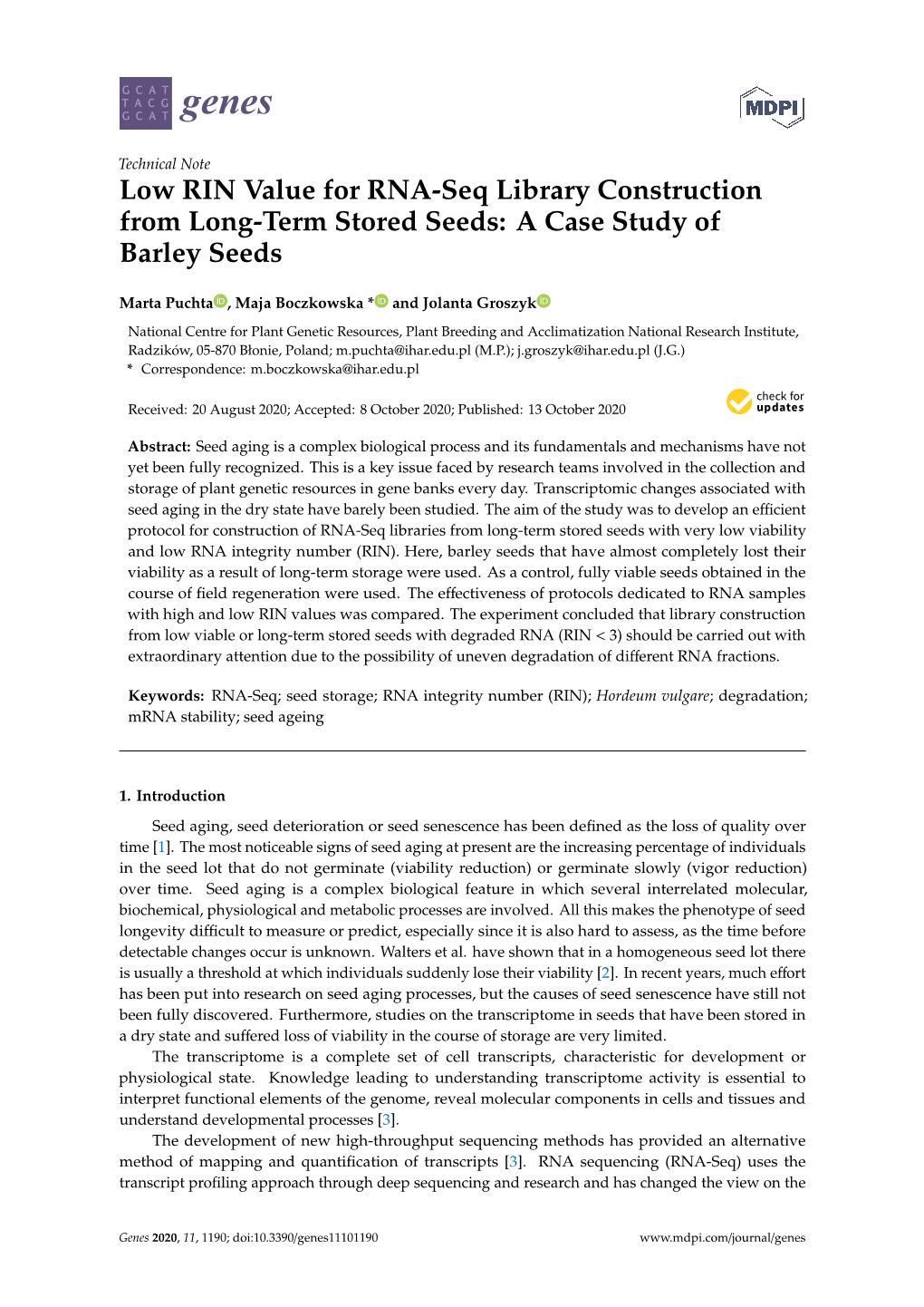 Low RIN Value for RNA-Seq Library Construction from Long-Term Stored Seeds: a Case Study of Barley Seeds