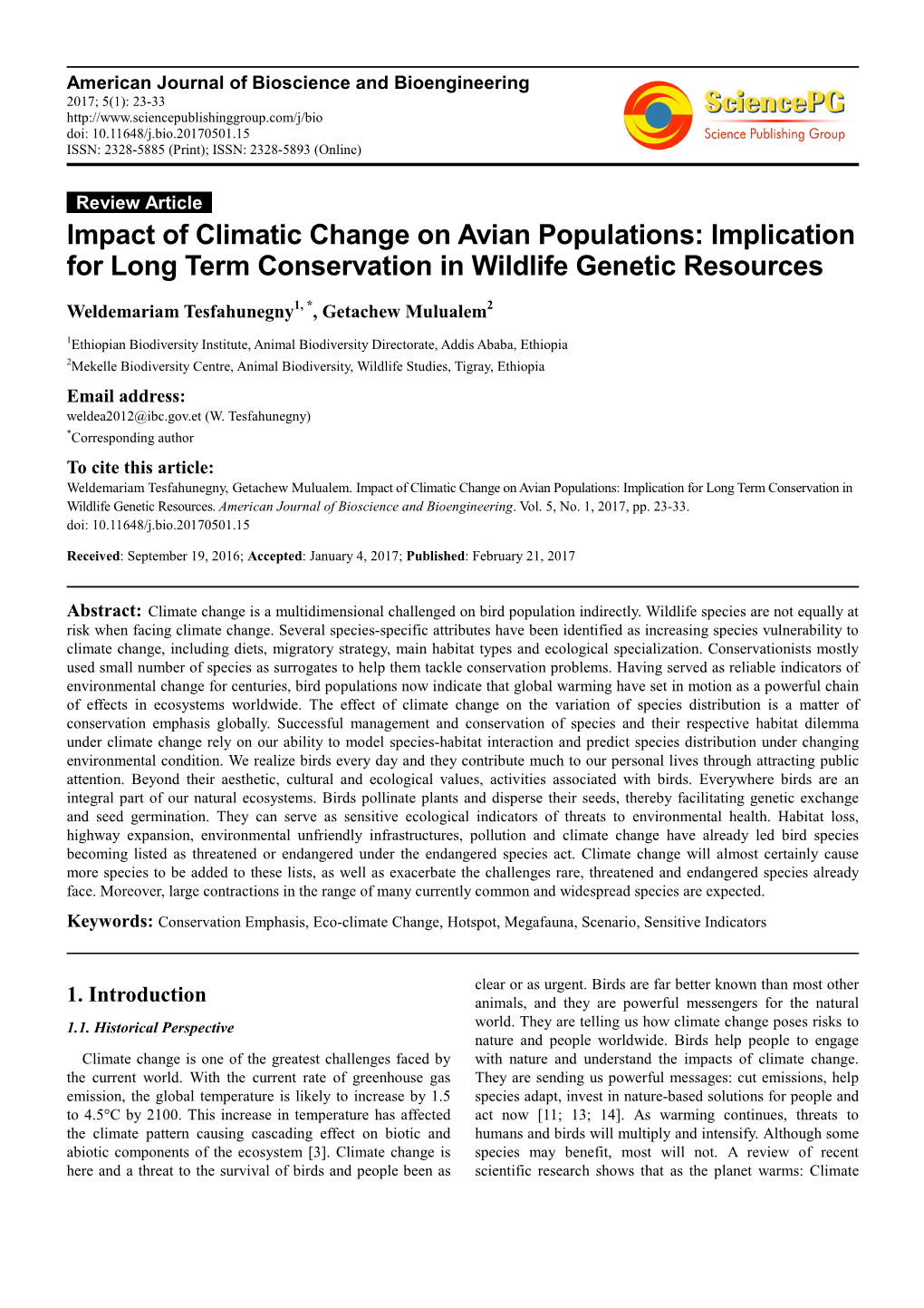 Impact of Climatic Change on Avian Populations: Implication for Long Term Conservation in Wildlife Genetic Resources