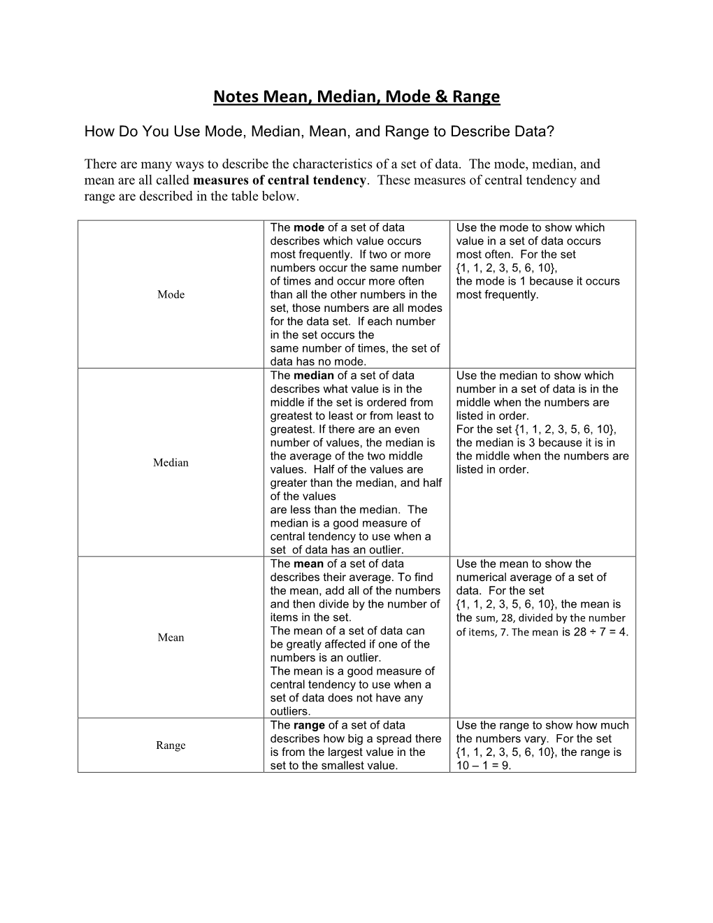 Notes Mean, Median, Mode & Range