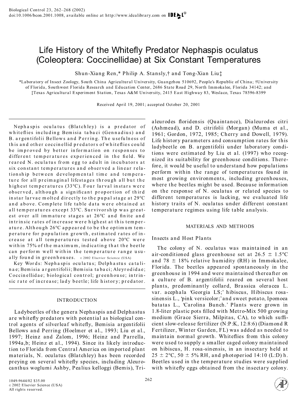 Life History of the Whitefly Predator Nephaspis Oculatus