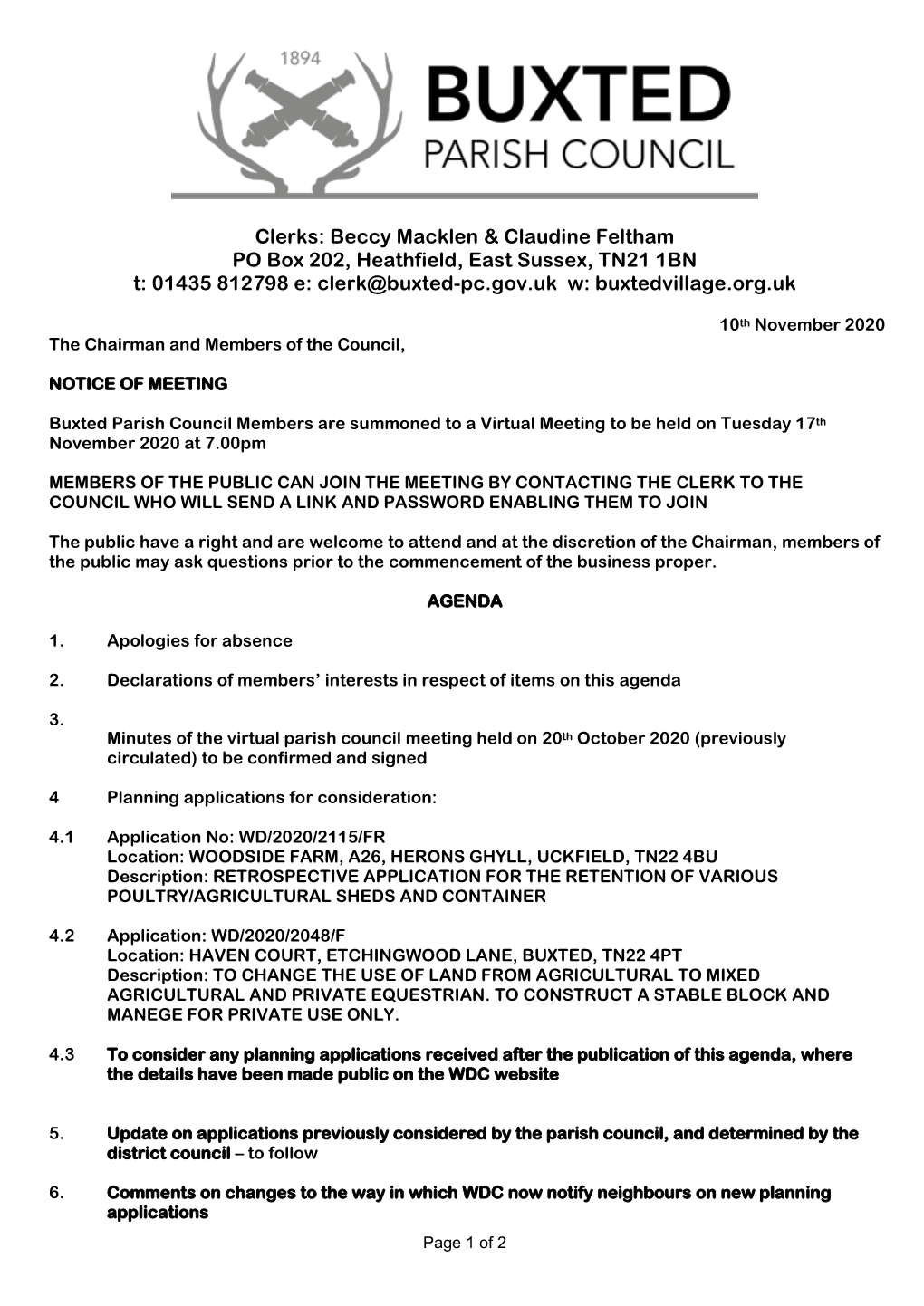 PC Meeting Agenda 6 June 20