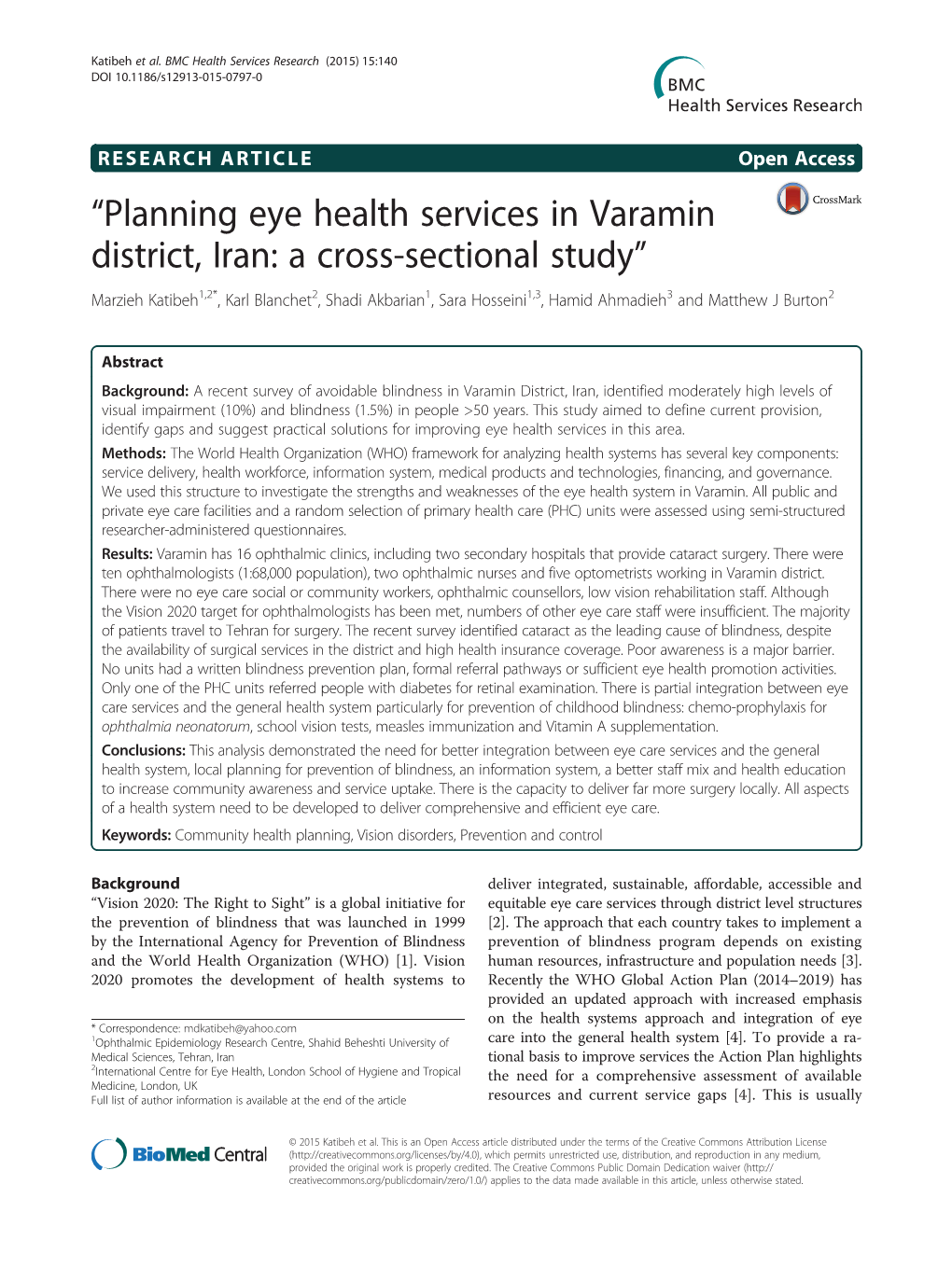 “Planning Eye Health Services in Varamin District, Iran: a Cross