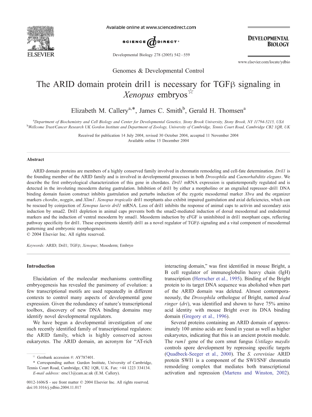 The ARID Domain Protein Dril1 Is Necessary for Tgfh Signaling in Xenopus Embryos$