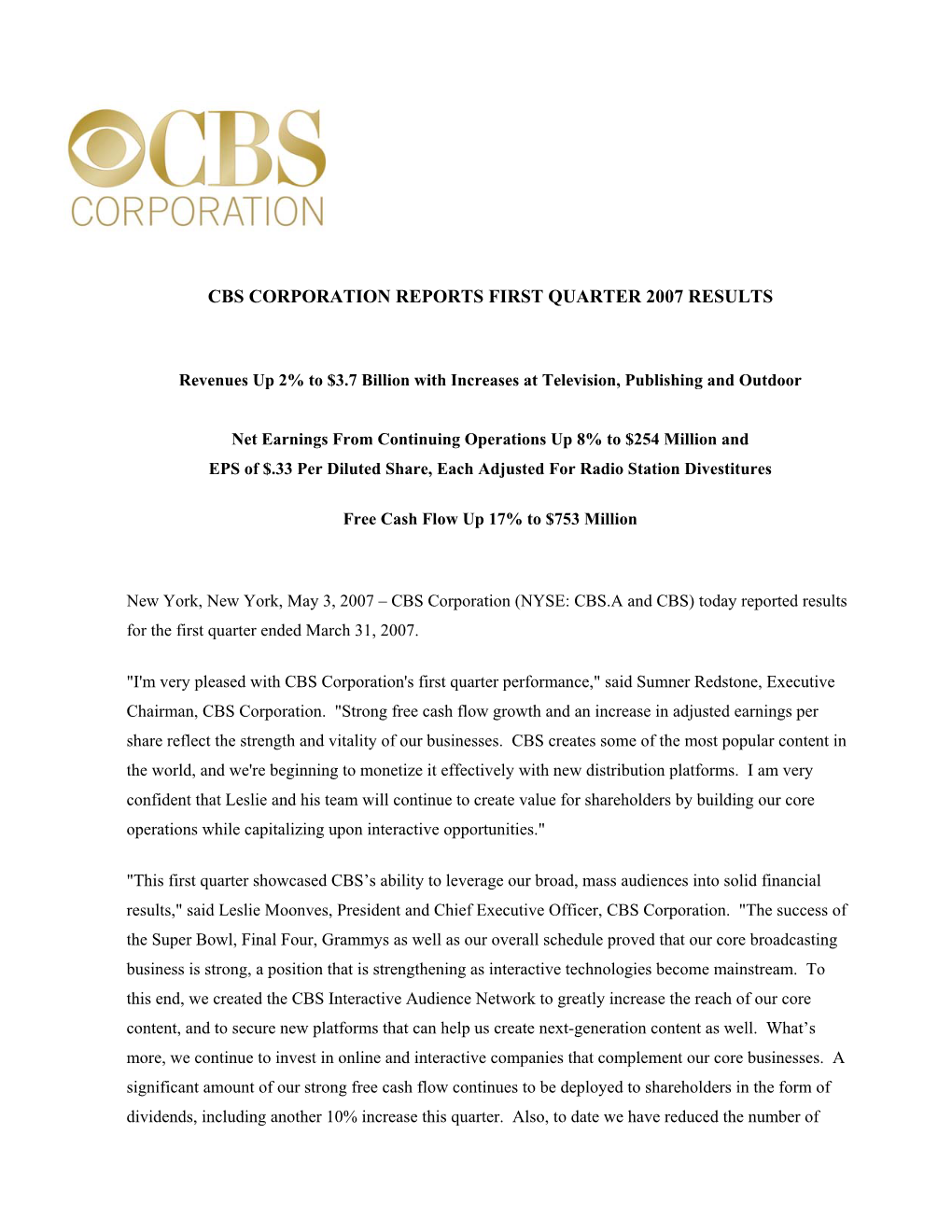 Cbs Corporation Reports First Quarter 2007 Results