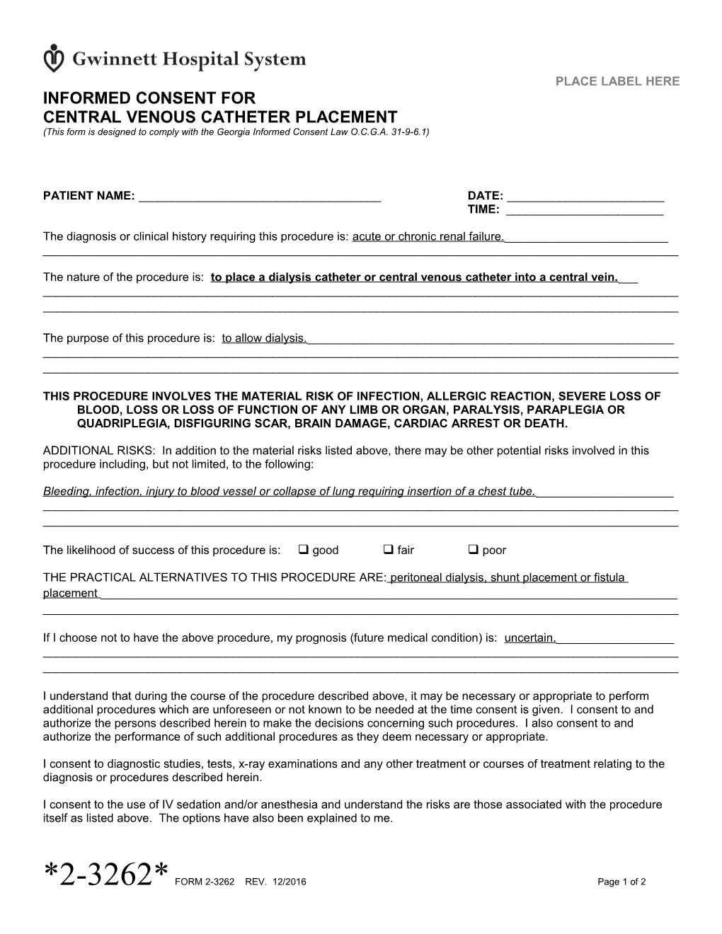 Informed Consent for Central Venous Catheter Placement