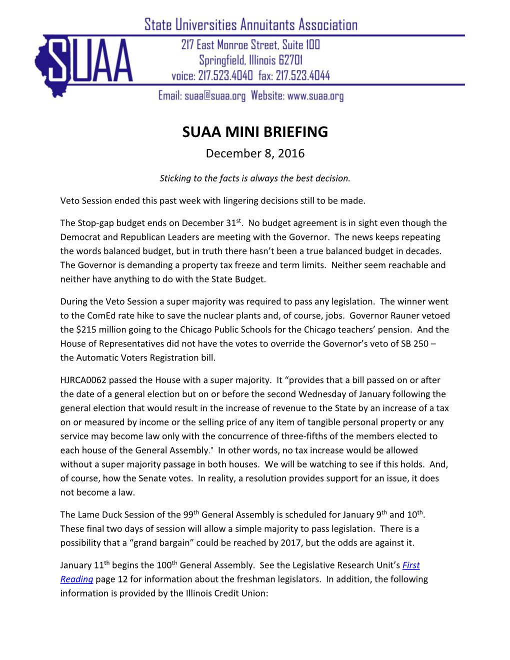 SUAA MINI BRIEFING December 8, 2016