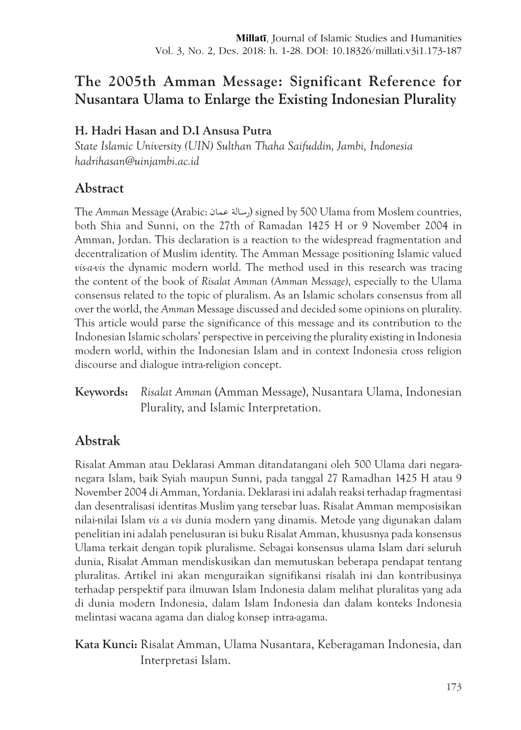 The 2005Th Amman Message: Significant Reference for Nusantara Ulama to Enlarge the Existing Indonesian Plurality