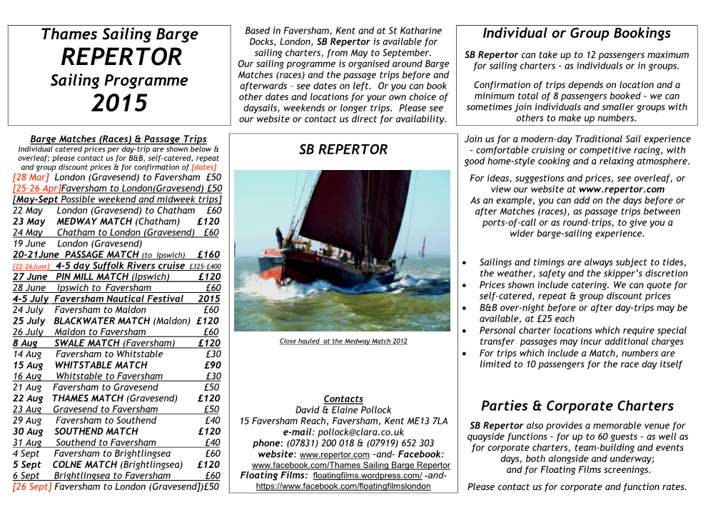 Thames Sailing Barge Repertor and for Floating Films Screenings