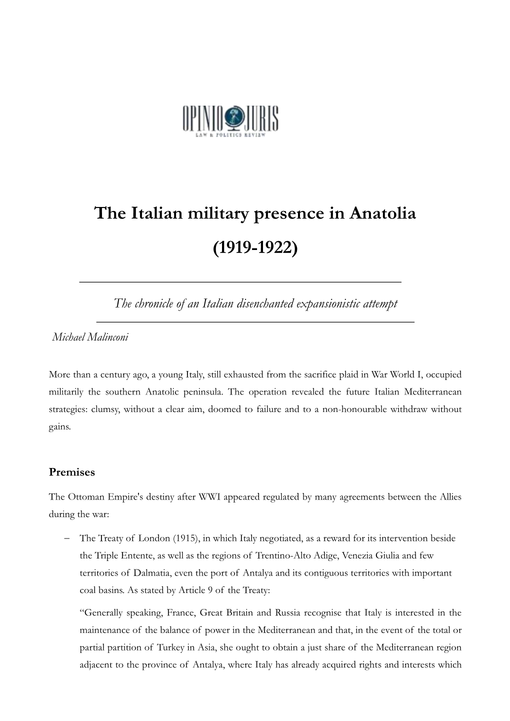 The Italian Military Presence in Anatolia (1919-1922)