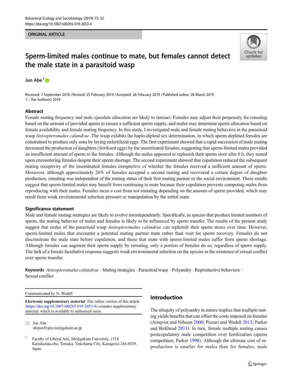 Sperm-Limited Males Continue to Mate, but Females Cannot Detect the Male State in a Parasitoid Wasp