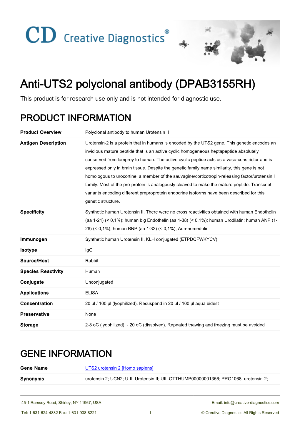 Anti-UTS2 Polyclonal Antibody (DPAB3155RH) This Product Is for Research Use Only and Is Not Intended for Diagnostic Use