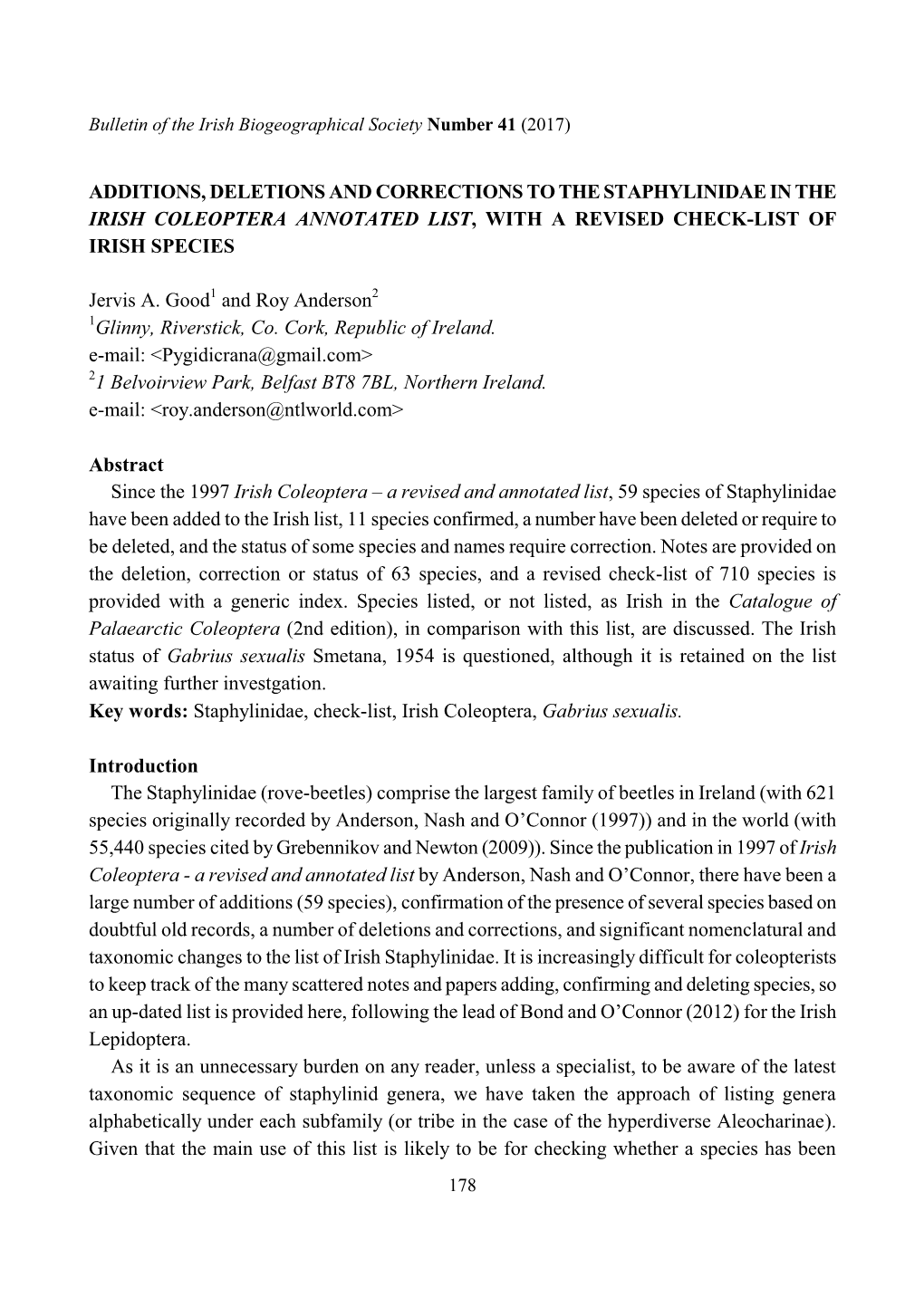 Additions, Deletions and Corrections to the Staphylinidae in the Irish Coleoptera Annotated List, with a Revised Check-List of Irish Species