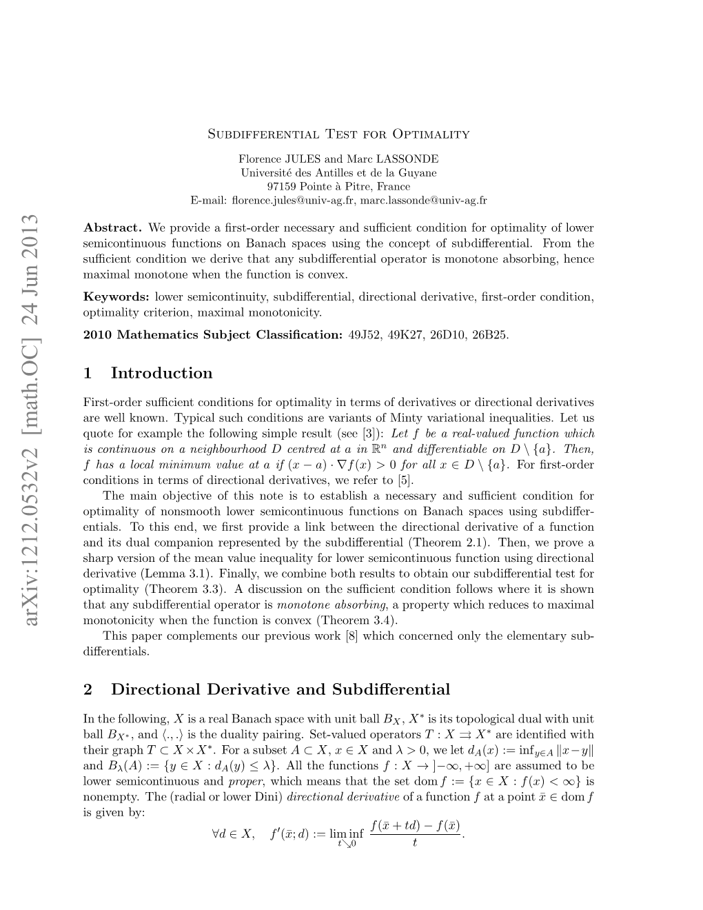 Subdifferential Test for Optimality